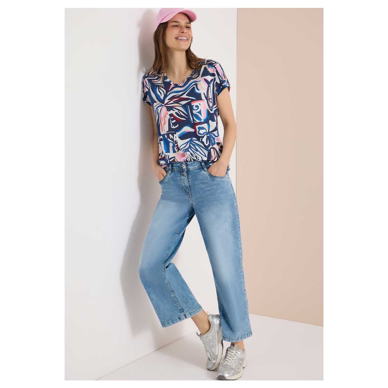 Damen T-Shirt Multi Lace Shoulder von Cecil in Dunkelblau mit Print, Ganzkörperansicht am Model