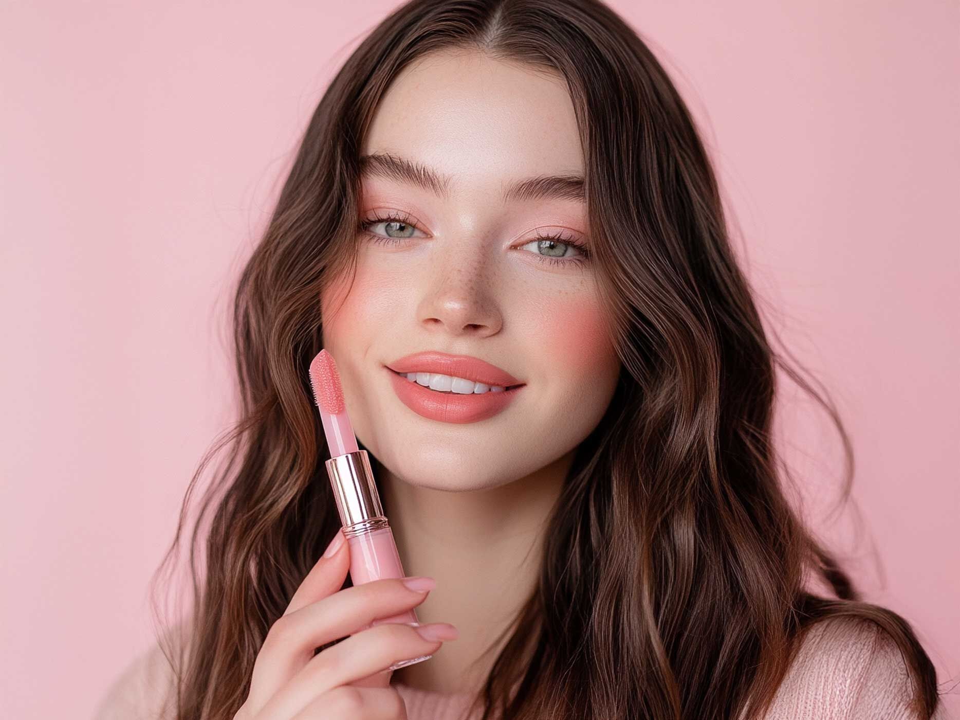 Eine Frau hält einen rosa Lippenstift neben ihre rosa bemalten Lippen.