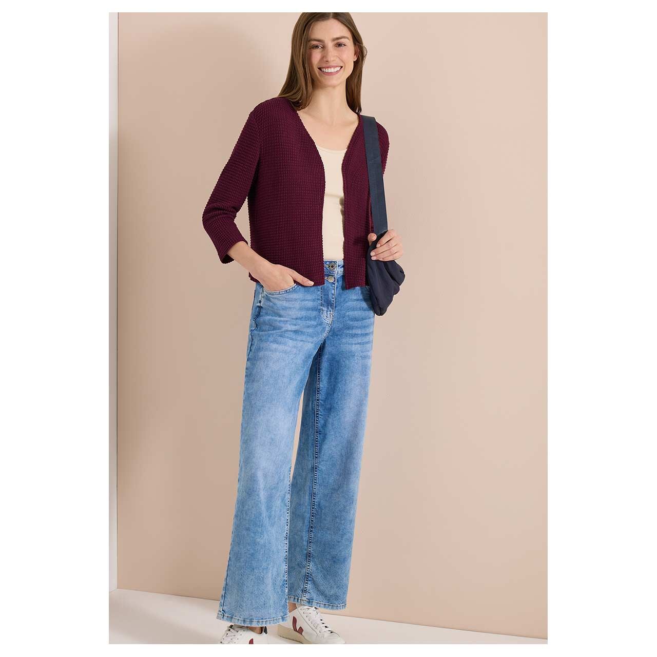 Damen 3/4 Arm Strickjacke Ajour Knit Open Jacket von Cecil in Lila, Ganzkörperansicht am Model