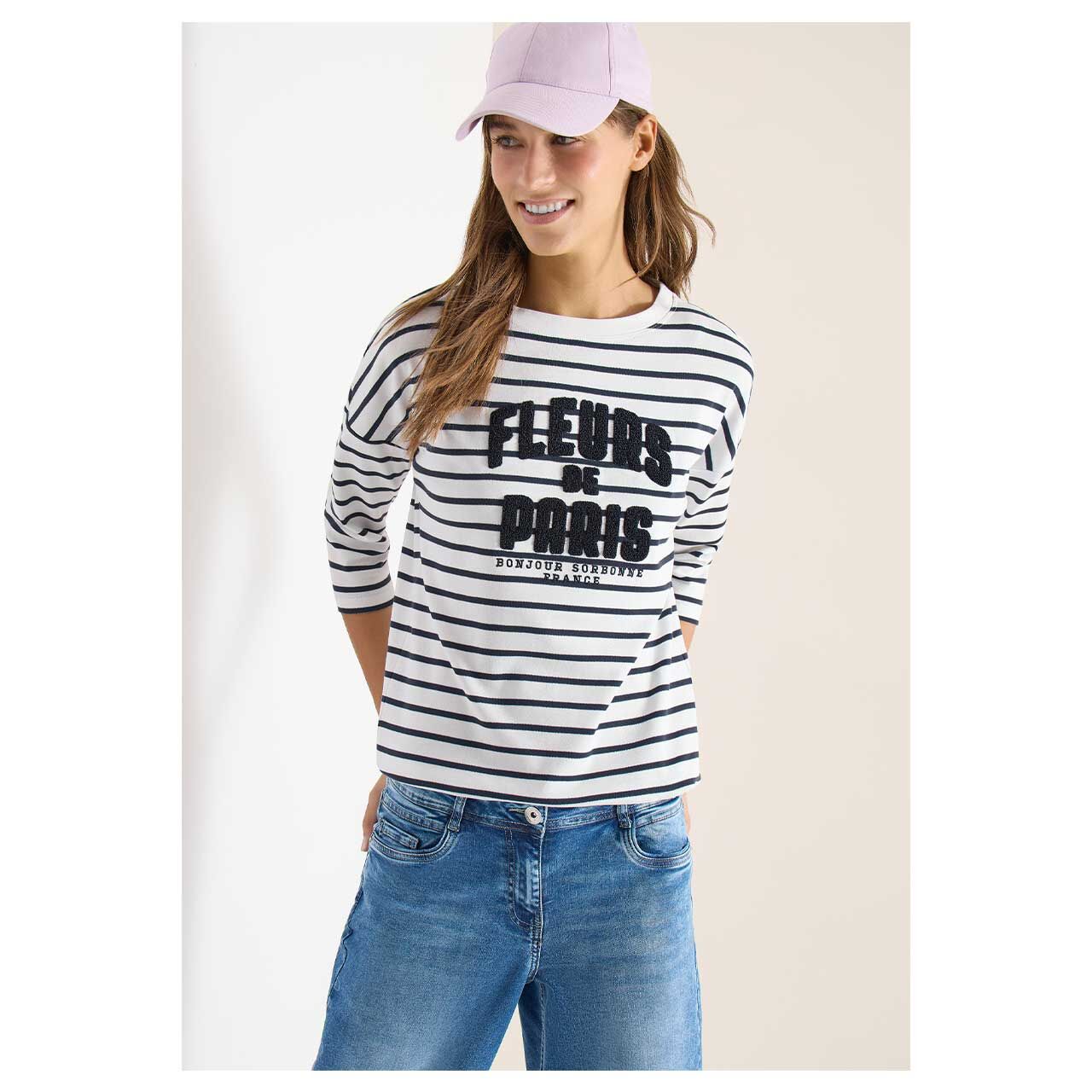 Damen 3/4 Arm Shirt Striped Fleurs von Cecil in Dunkelblau gestreift, Vorderansicht
