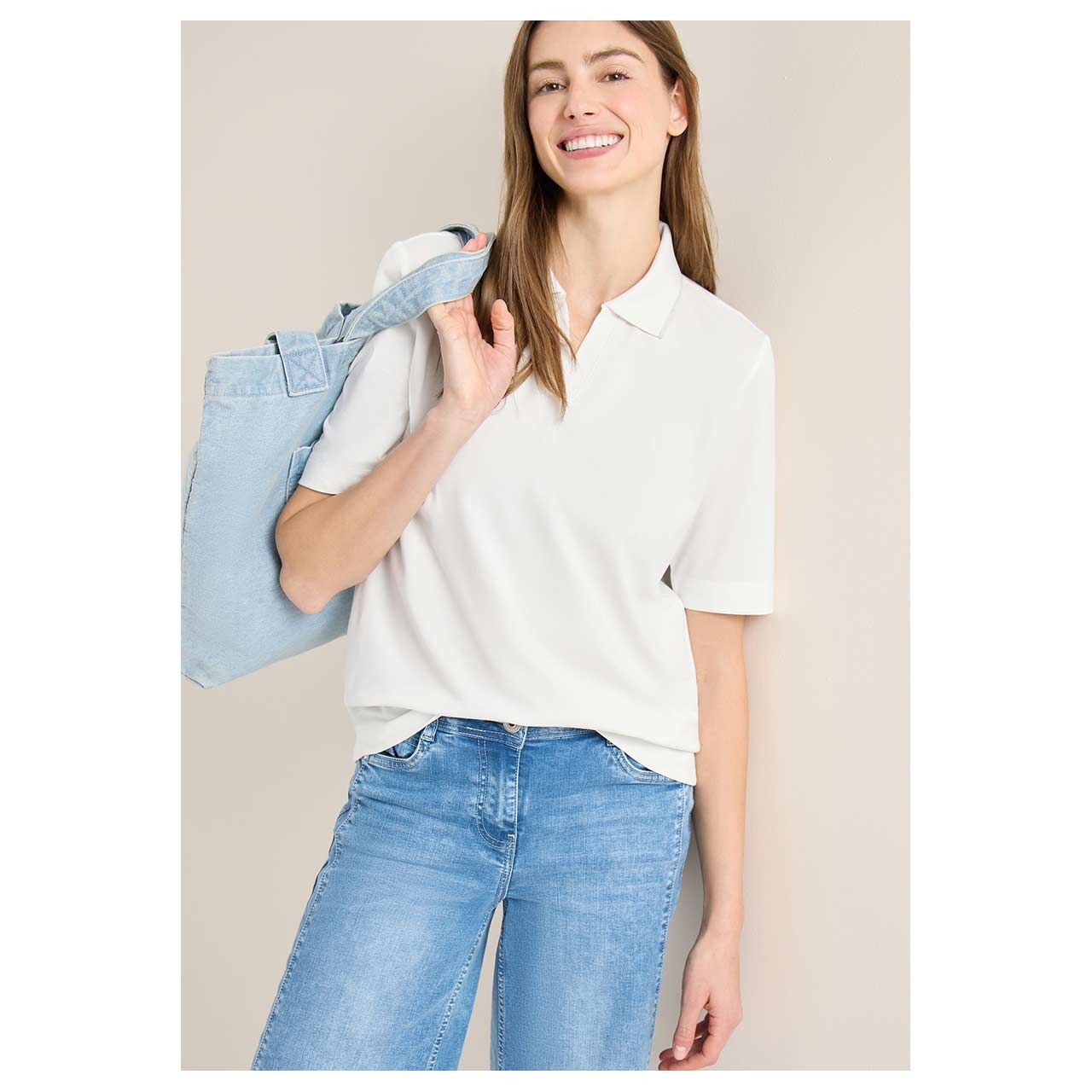 Damen Poloshirt Piqué von Cecil in Cremeweiß, Vorderansicht Model
