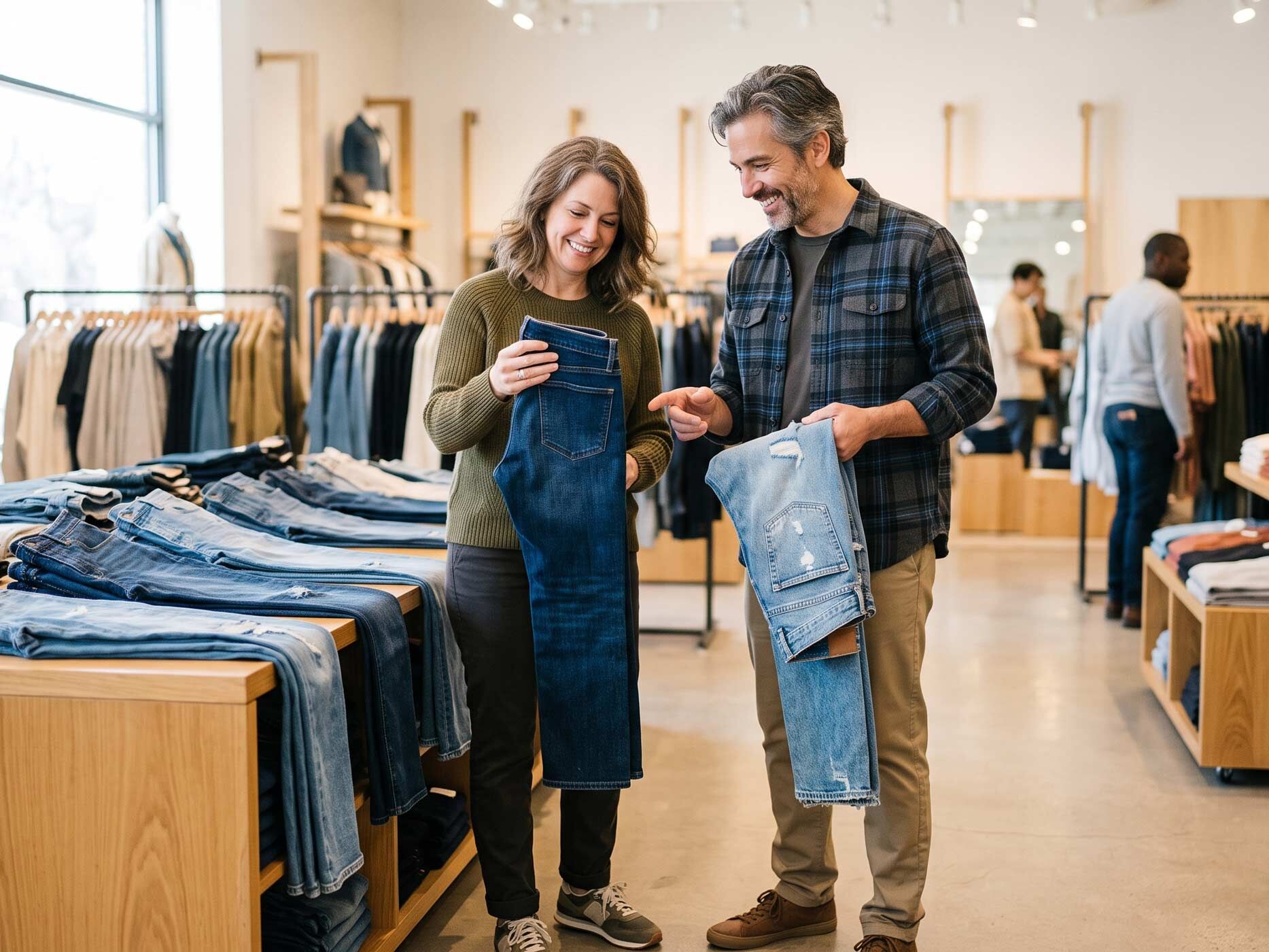 Ein Mann und eine Frau vergleichen in einem Bekleidungsgeschäft zwei Jeans und achten dabei auf Passform, Qualität und Verarbeitung.