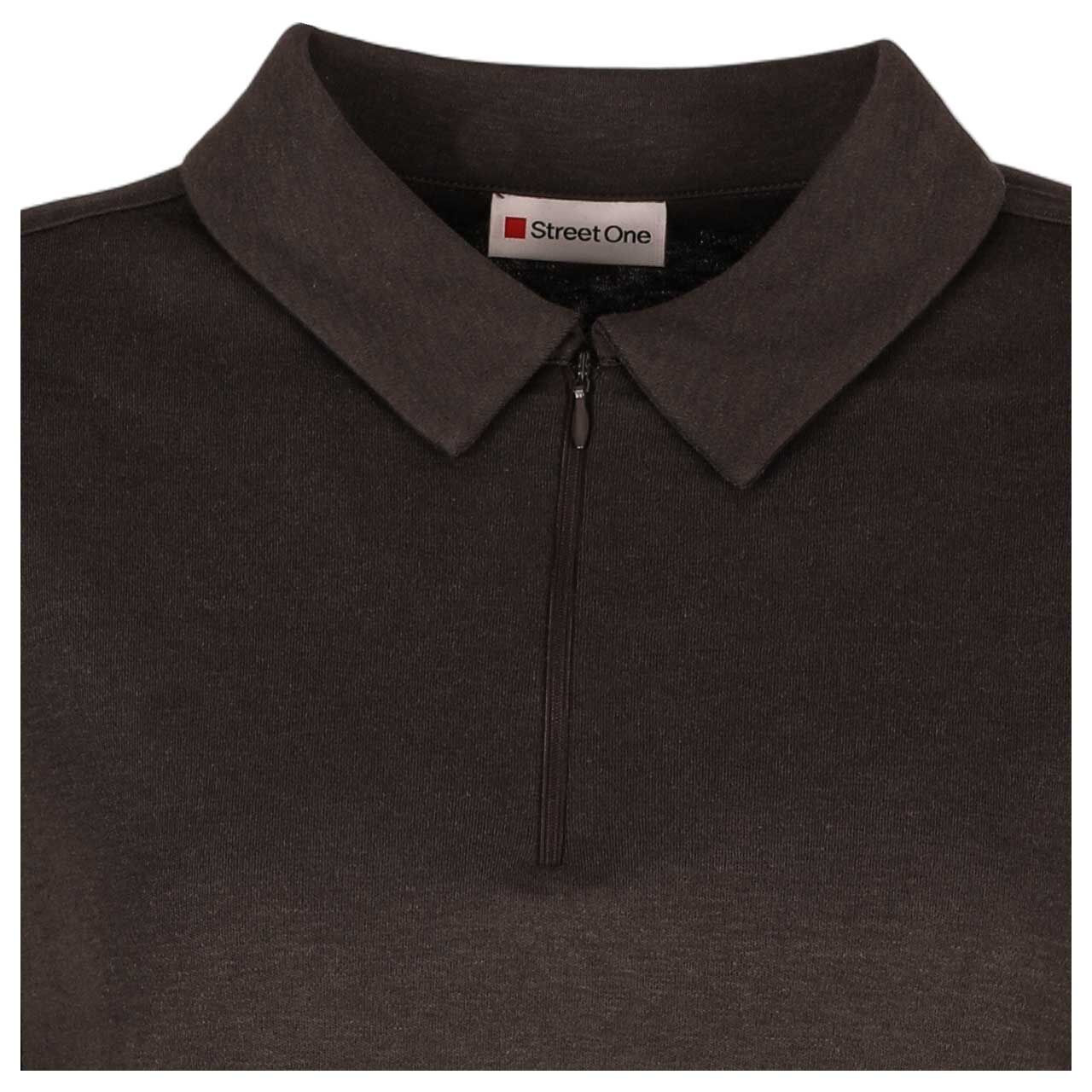 Damen 3/4 Arm Poloshirt Basic Zipper von Street One in Dunkelbraun, Detailansicht Ausschnitt