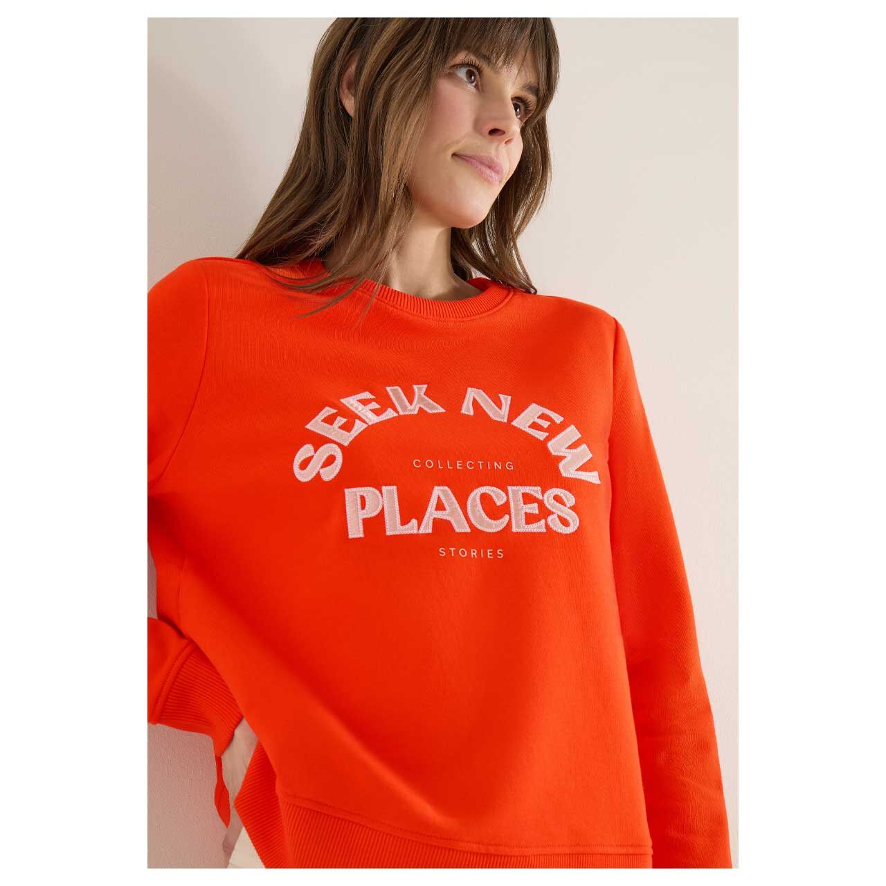 Damen Sweatshirt Embroidery von Cecil in Orange-Rot mit Print, Vorderansicht am Model