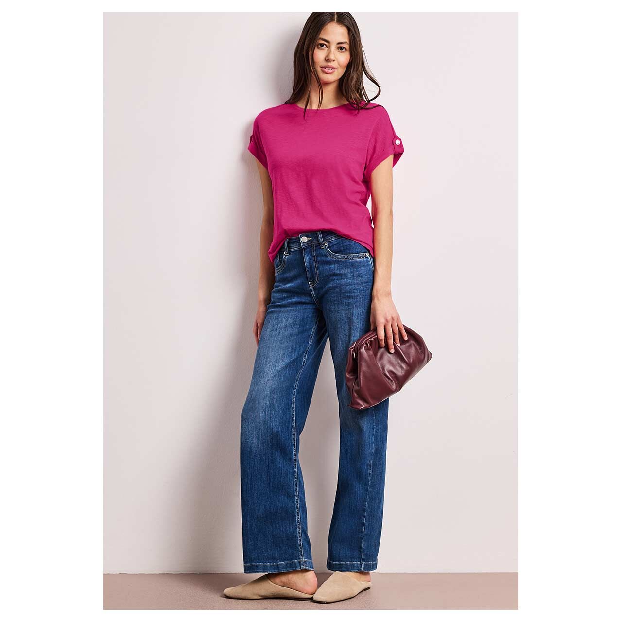 Damen T-Shirt Basic Deco Buttons von Street One in Pink meliert, Ganzkörperansicht Model vorne