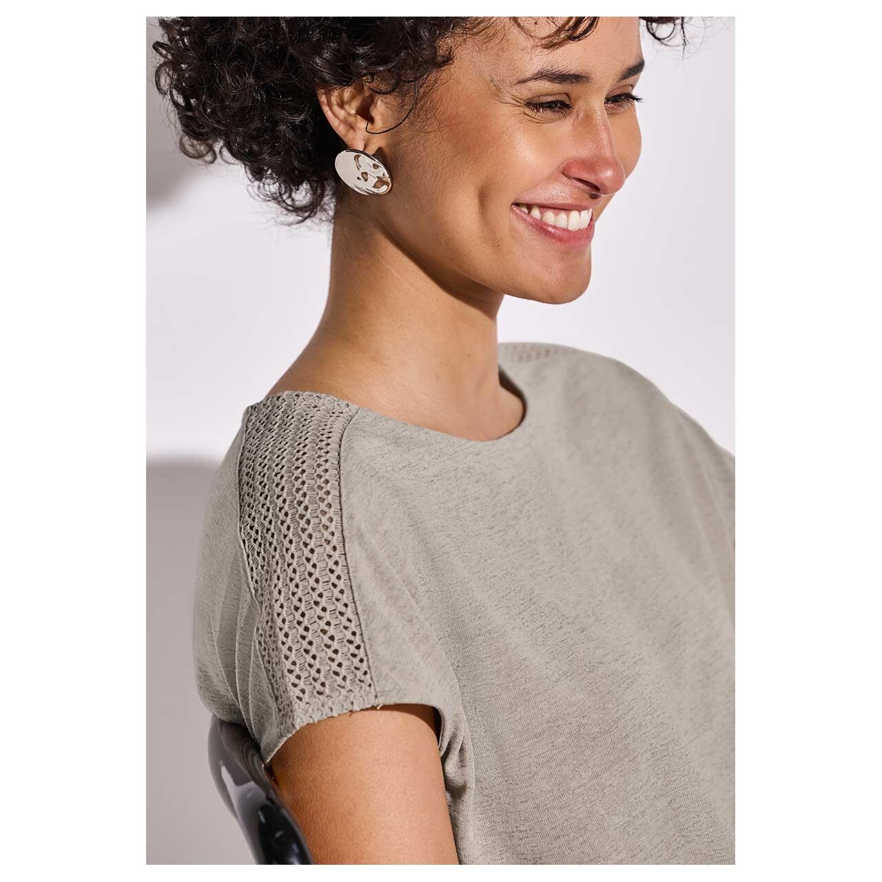 Street One Damen T-Shirt Linen Look with Laceshoulder moonstone sand