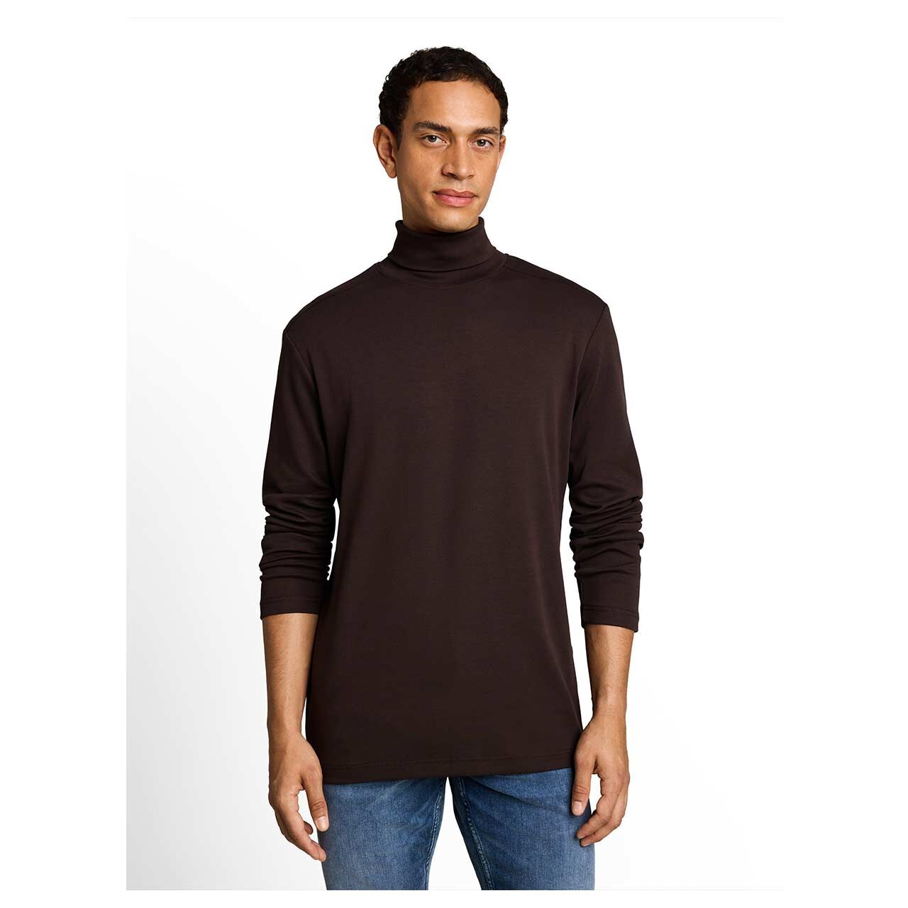 Herren Rollkragen Langarm Shirt Turtleneck von Tom Tailor in Dunkelbraun mit Print, Vorderansicht am Model