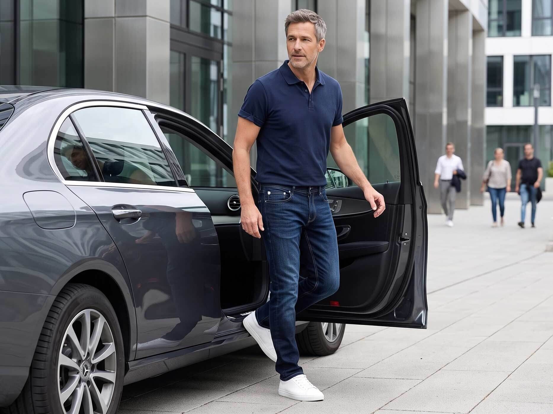 Ein Mann steht vor einem Auto, trägt eine blaue Jeans mit blauem Polohemd und weißen Sneakern