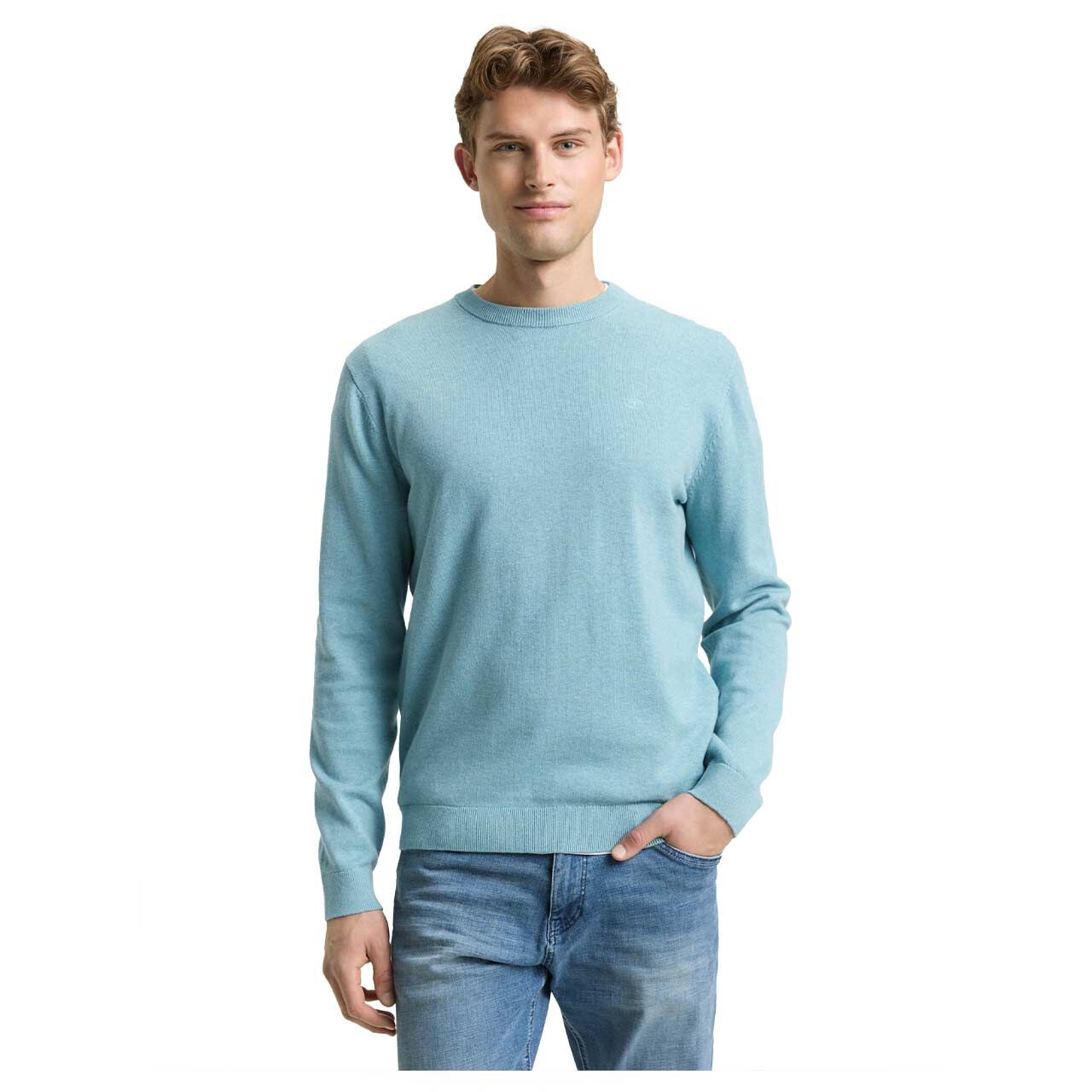 Herren Pullover Basic Crewneck Knit von Tom Tailor in Hellblau meliert, Vorderansicht am Model