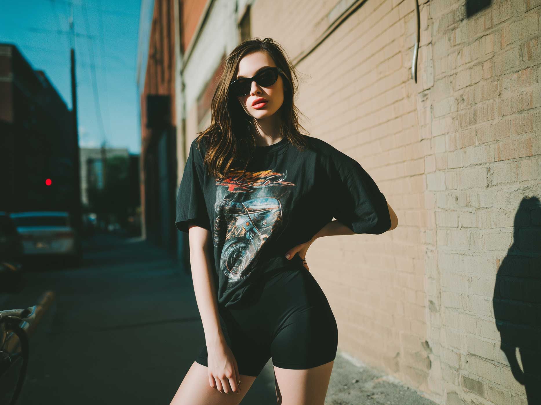 Eine Frau tr&auml;gt eine schwarze Radlerhose, dar&uuml;ber ein schwarzes Oversize Shirt mit Print und dazu eine schwarze Sonnenbrille.