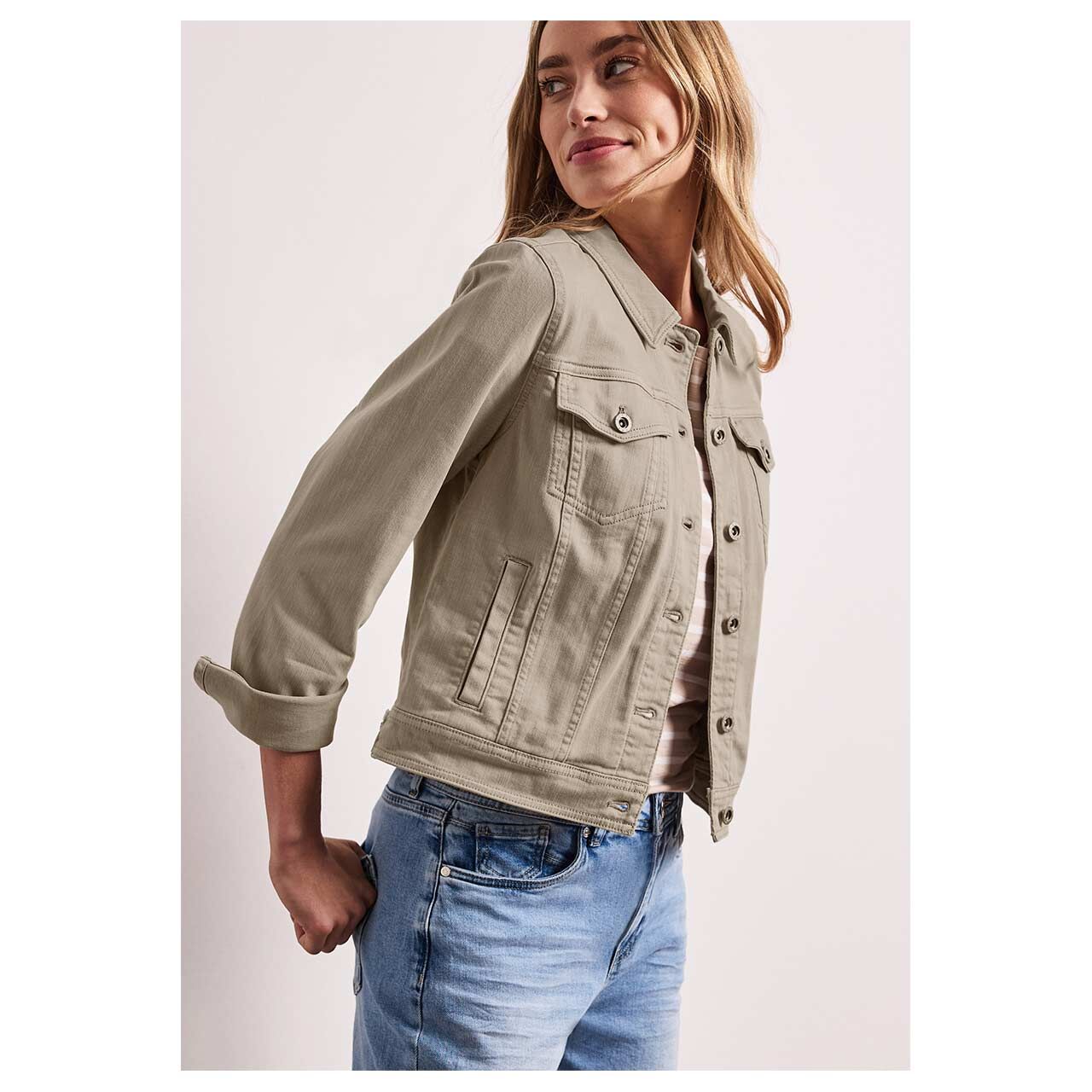 Damen Jeansjacke von Street One in Beige angewaschen, Vorderansicht