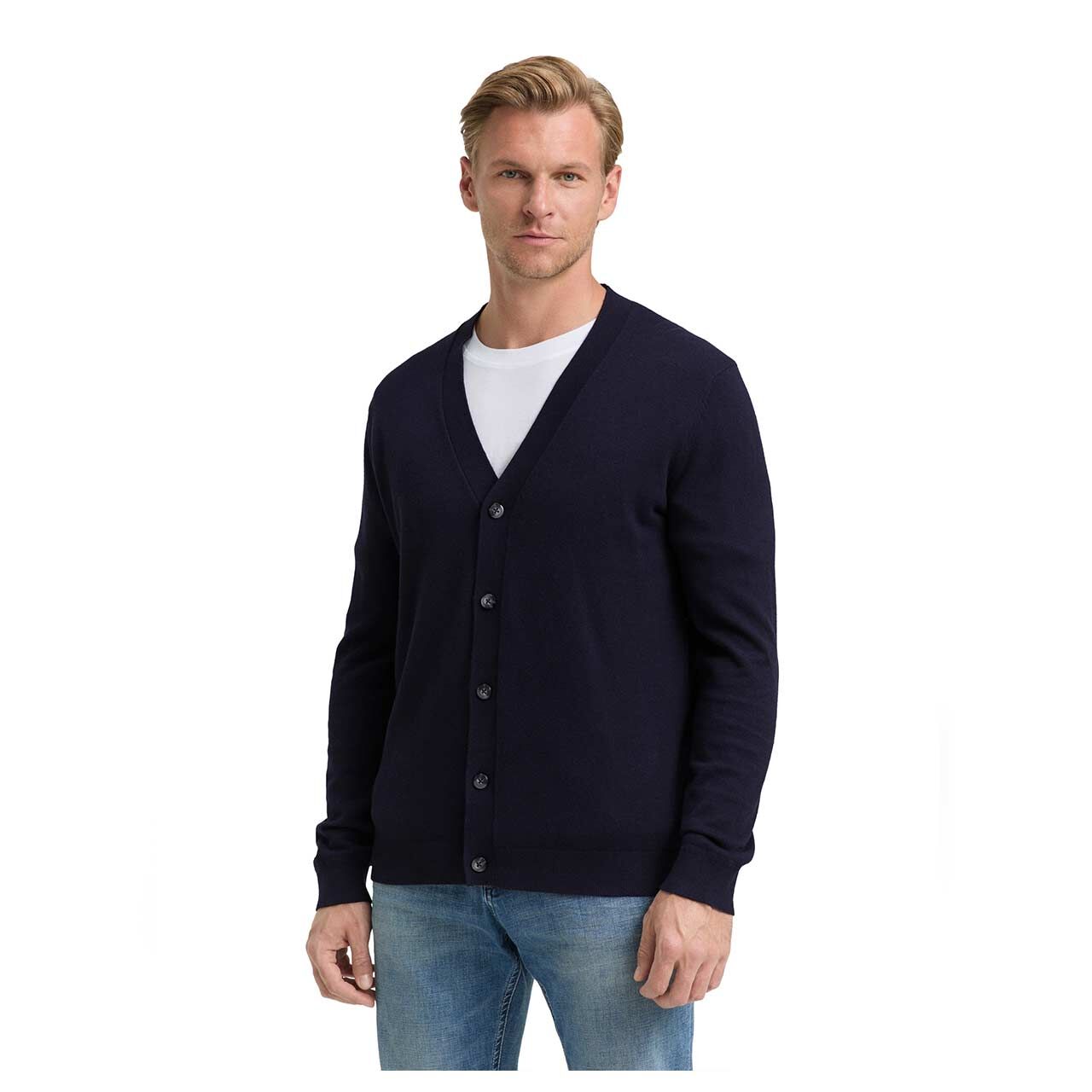 Herren Strickjacke Cashmere Cardigan von Tom Tailor in Dunkelblau meliert, Vorderansicht am Model
