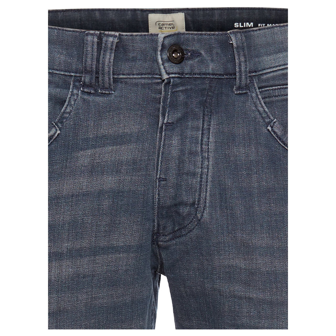 Herrenjeans Madison fleXXX von Camel active in Grau-Blau angewaschen, Detailansicht Verschlussknopf