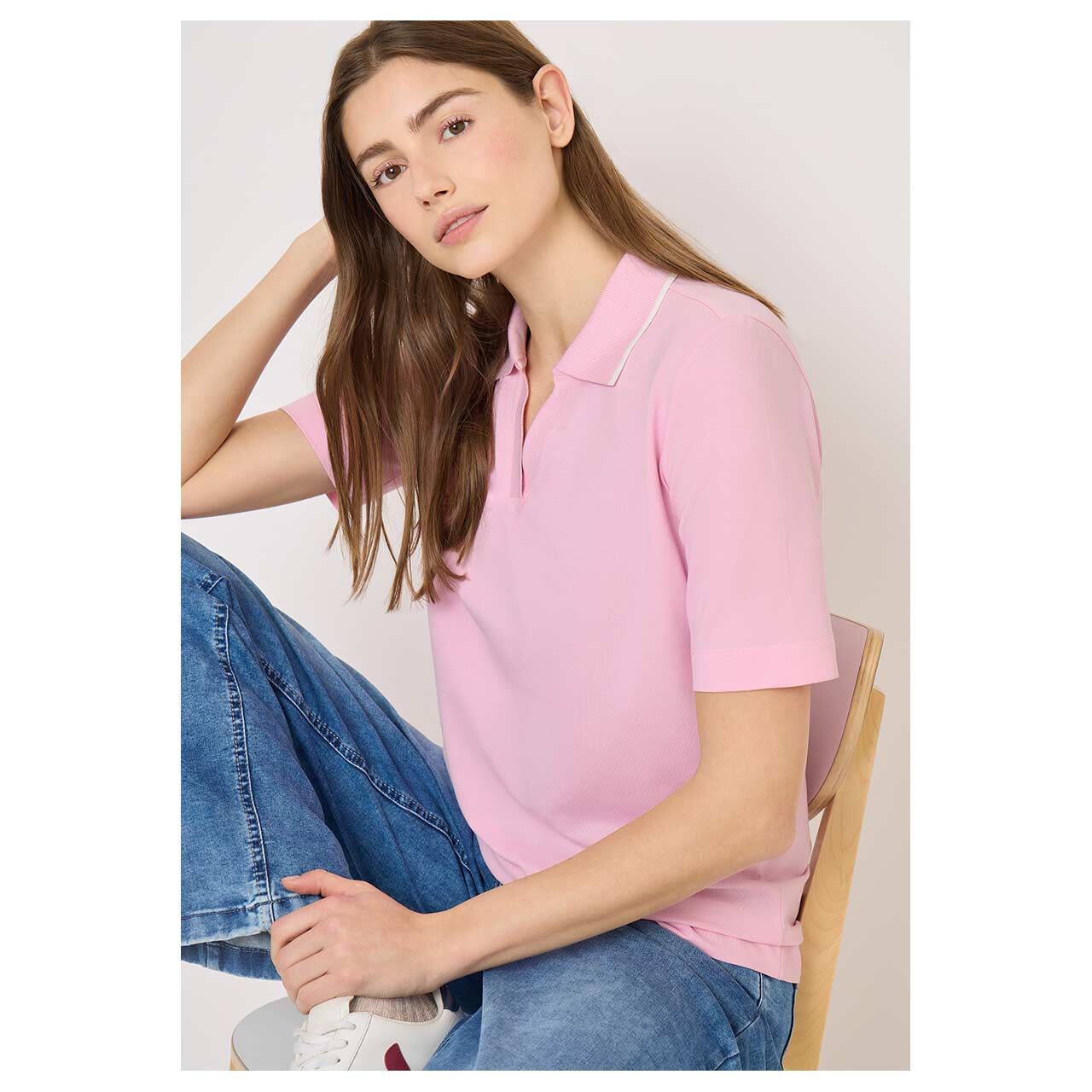 Damen Poloshirt Piqué von Cecil in Rosa, detaillierte Vorderansicht Model