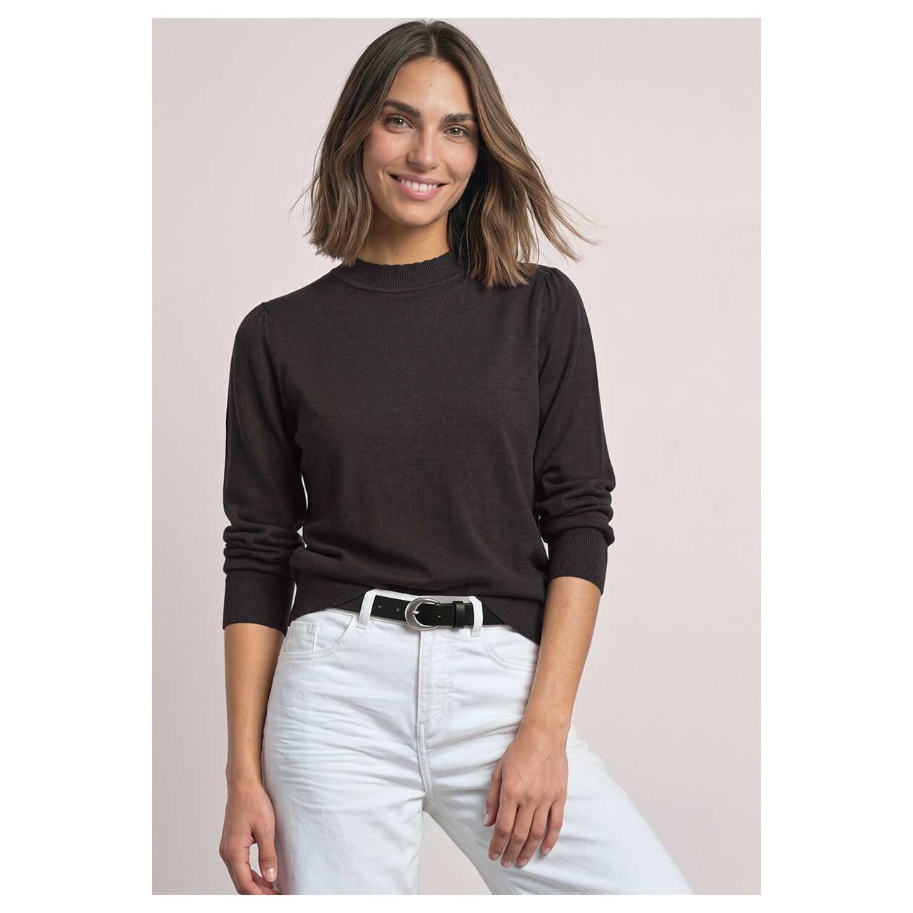 Damen Pullover Turtle Neck Puffy Sleeve Sweater von Street One in Dunkelbraun, Vorderansicht am Model