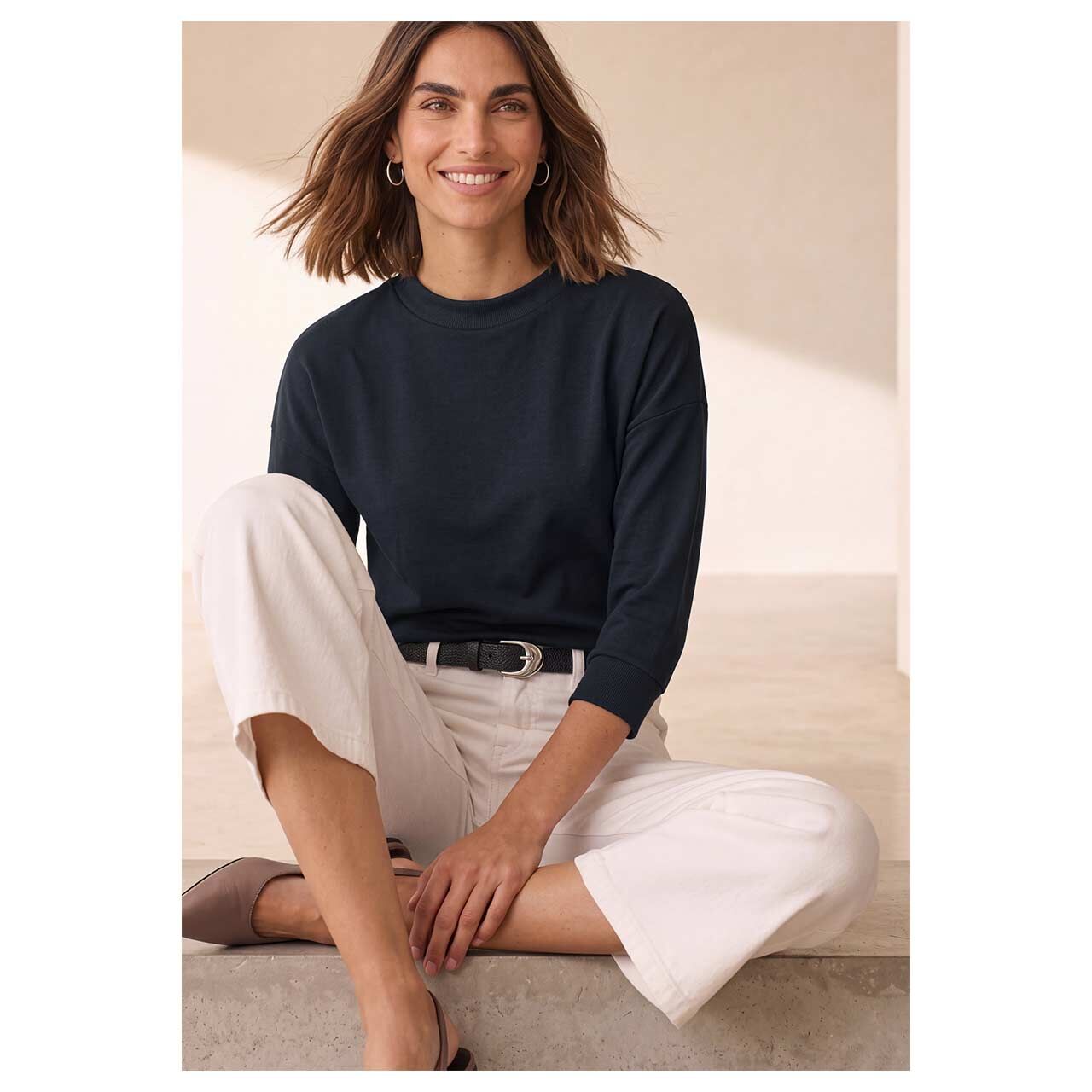 Street One Damen 3/4 Arm Shirt U-Boat Shirt in Dunkelblau, Vorderansicht am Model