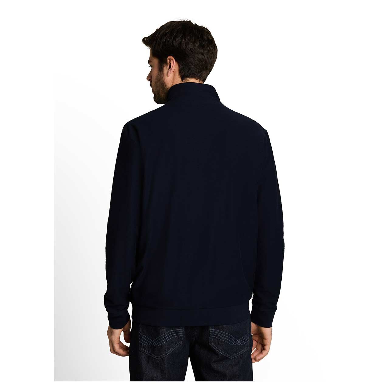 Herren Sweatjacke Structured Stand-Up von Tom Tailor in Dunkelblau, Rückansicht am Model