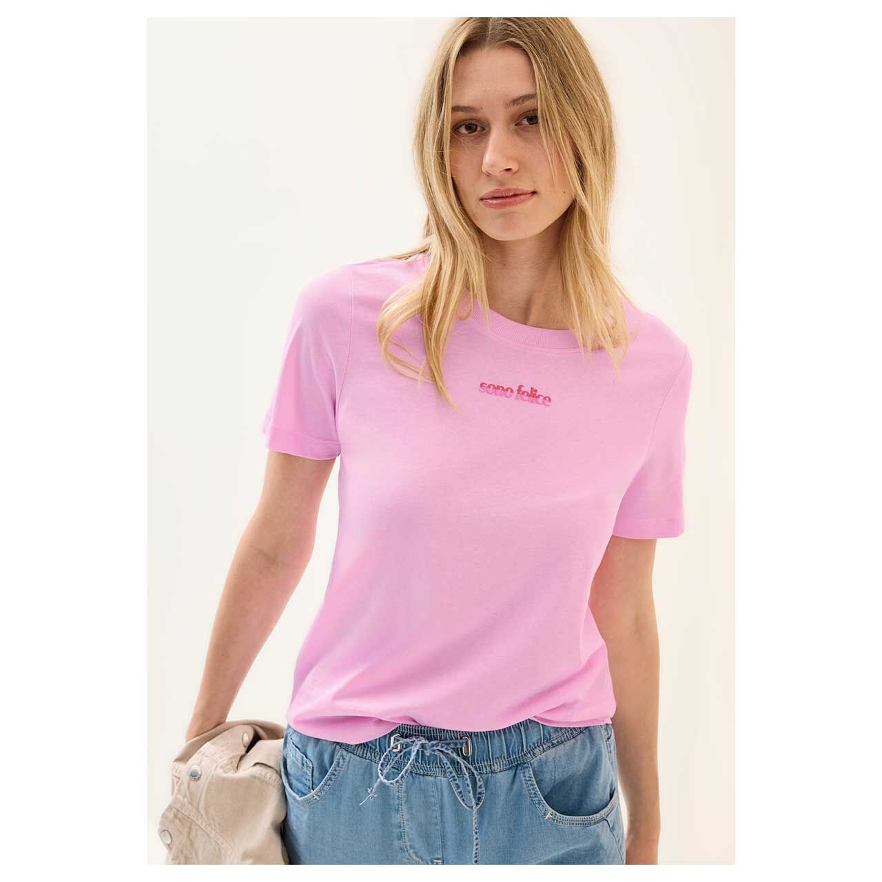 Damen T-Shirt Chest Wording von Cecil in Rosa, Nahansicht am Modell