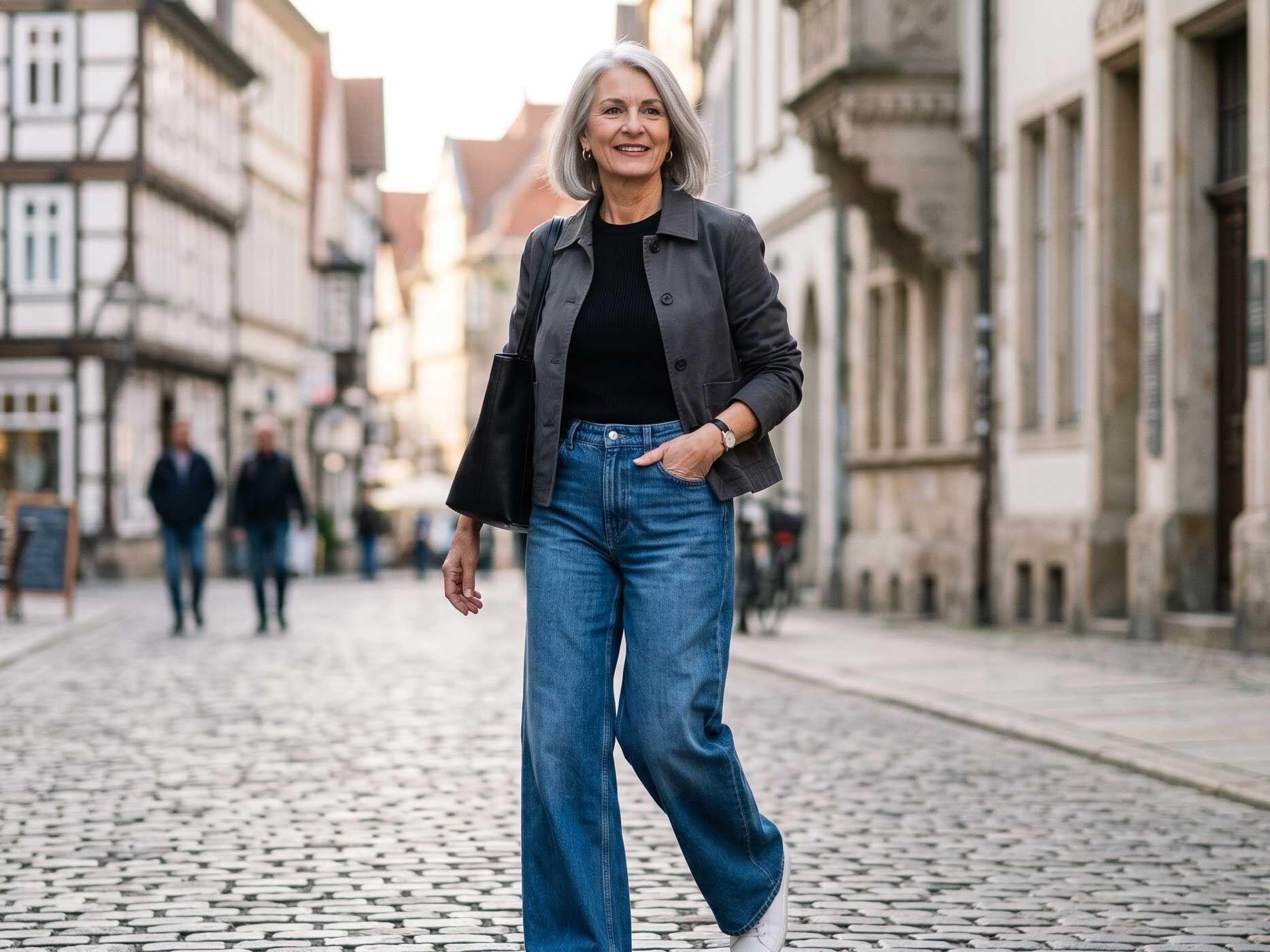 Eine Frau kombiniert eine blaue Wide Leg Damenjeans mit grauer Jacke und wei&szlig;en Sneakern.