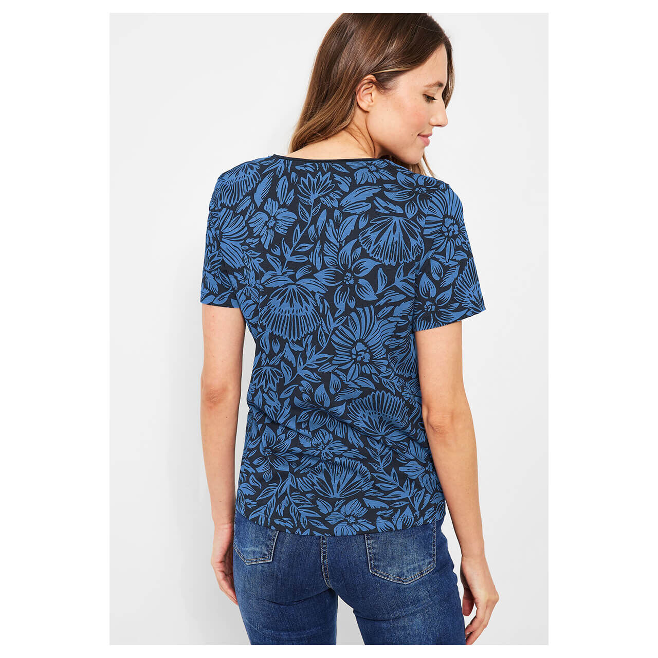 Cecil Flower Rounded V-Neck T-Shirt deep blue