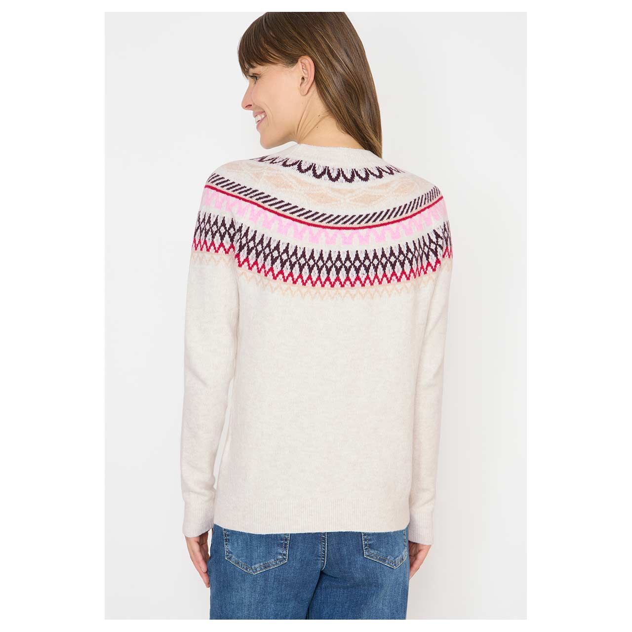Damen Pullover Cosy Norwegian Jacquard von Cecil in Hellbeige mit Print, Rückansicht am Model