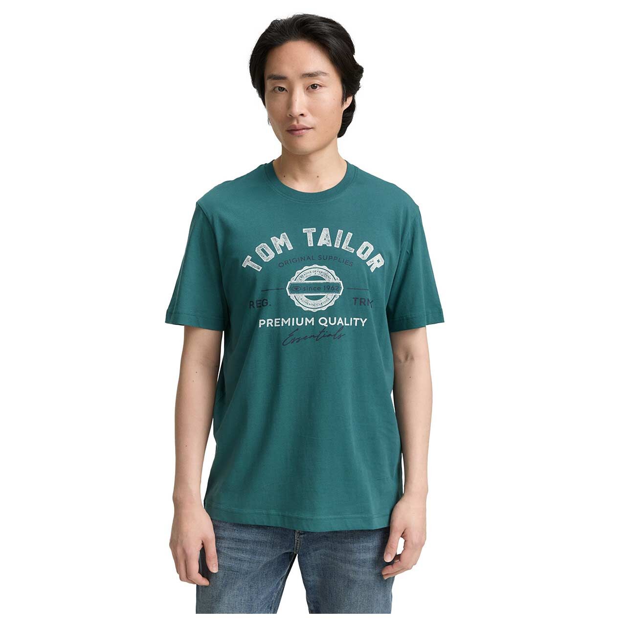 Herren T-Shirt von Tom Tailor in Petrol mit Print, Vorderansicht mit Model