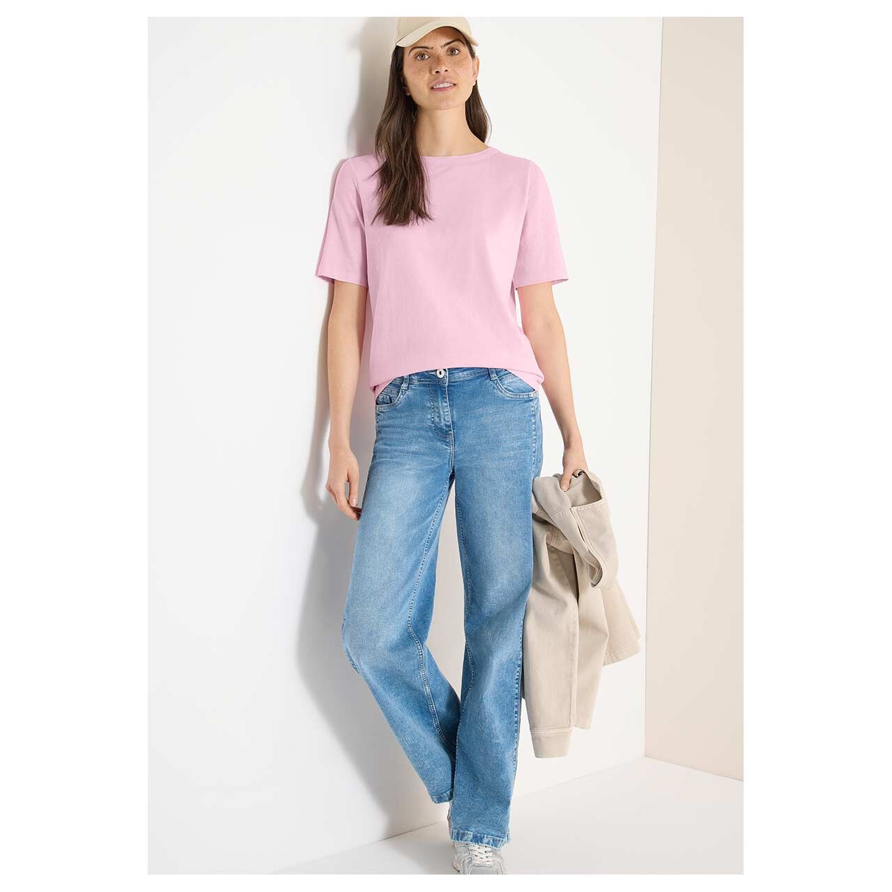 Damen T-Shirt Solid Slubyarn von Cecil in Rosa meliert, Ganzkörperansicht am Model