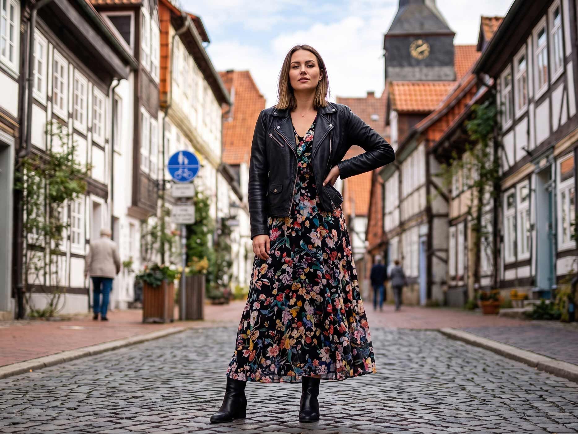 Eine Frau steht in einer Altstadtstra&szlig;e und tr&auml;gt ein dunkel gebl&uuml;mtes Midikleid mit einer schwarzen Lederjacke. Schwarze Stiefeletten erg&auml;nzen das Outfit und zeigen einen stilvollen Kontrast zwischen femininem Kleid und markanter Jacke.