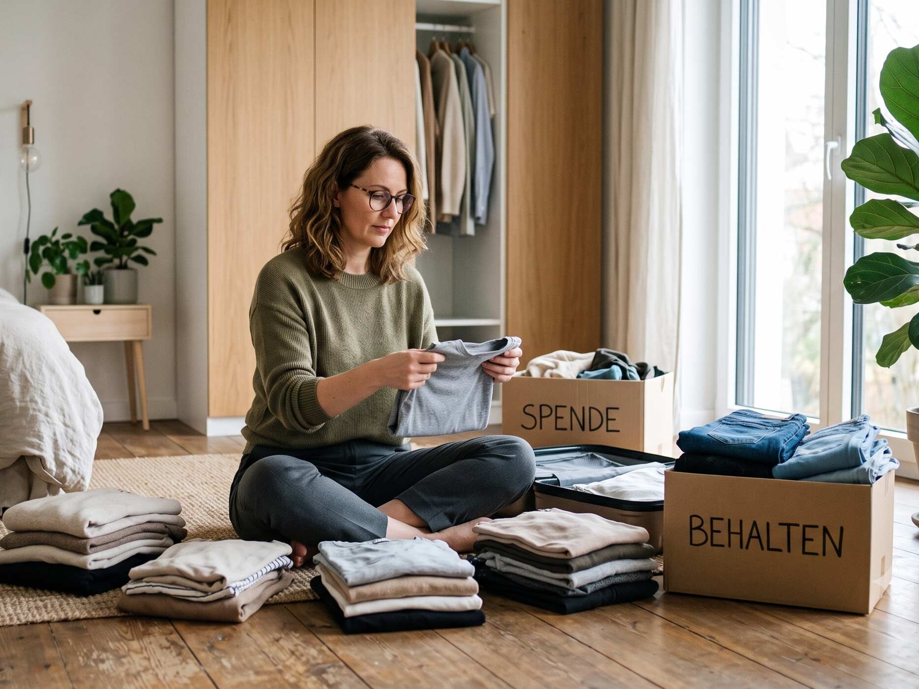 Eine Frau sortiert Kleidung und Jeans in Kisten zum Behalten und Spenden und schafft so Platz für eine übersichtliche Garderobe.