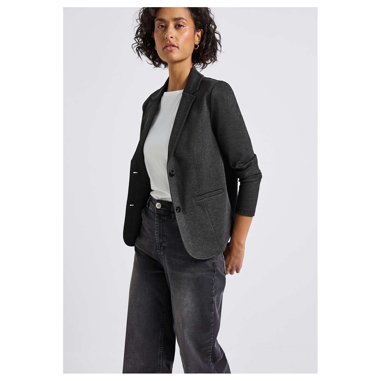 Damen Blazer Basic von Street One in Schwarz meliert, Seitenansicht am Model