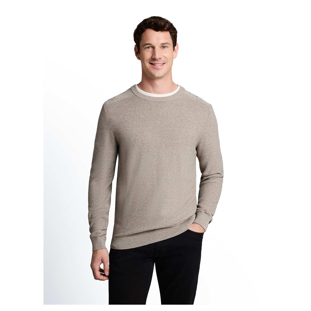 Herren Pullover Structured Crew Neck Knit von Tom Tailor in Beige meliert, Vorderansicht am Model