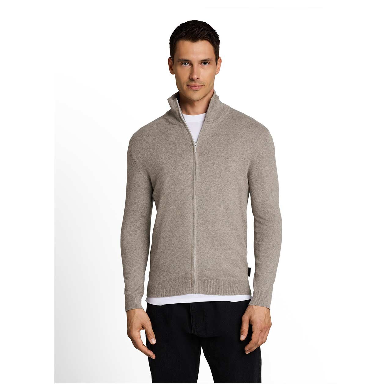 Herren Strickjacke Cashmere Zip Jacket von Tom Tailor in Greige meliert, Vorderansicht am Model