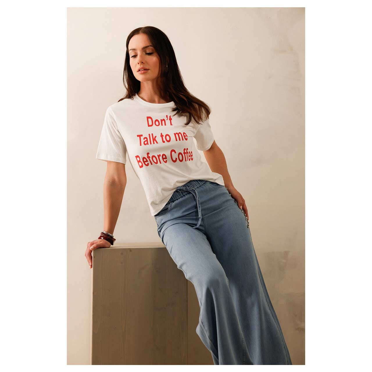 Monari Damen T-Shirt white coffee wording