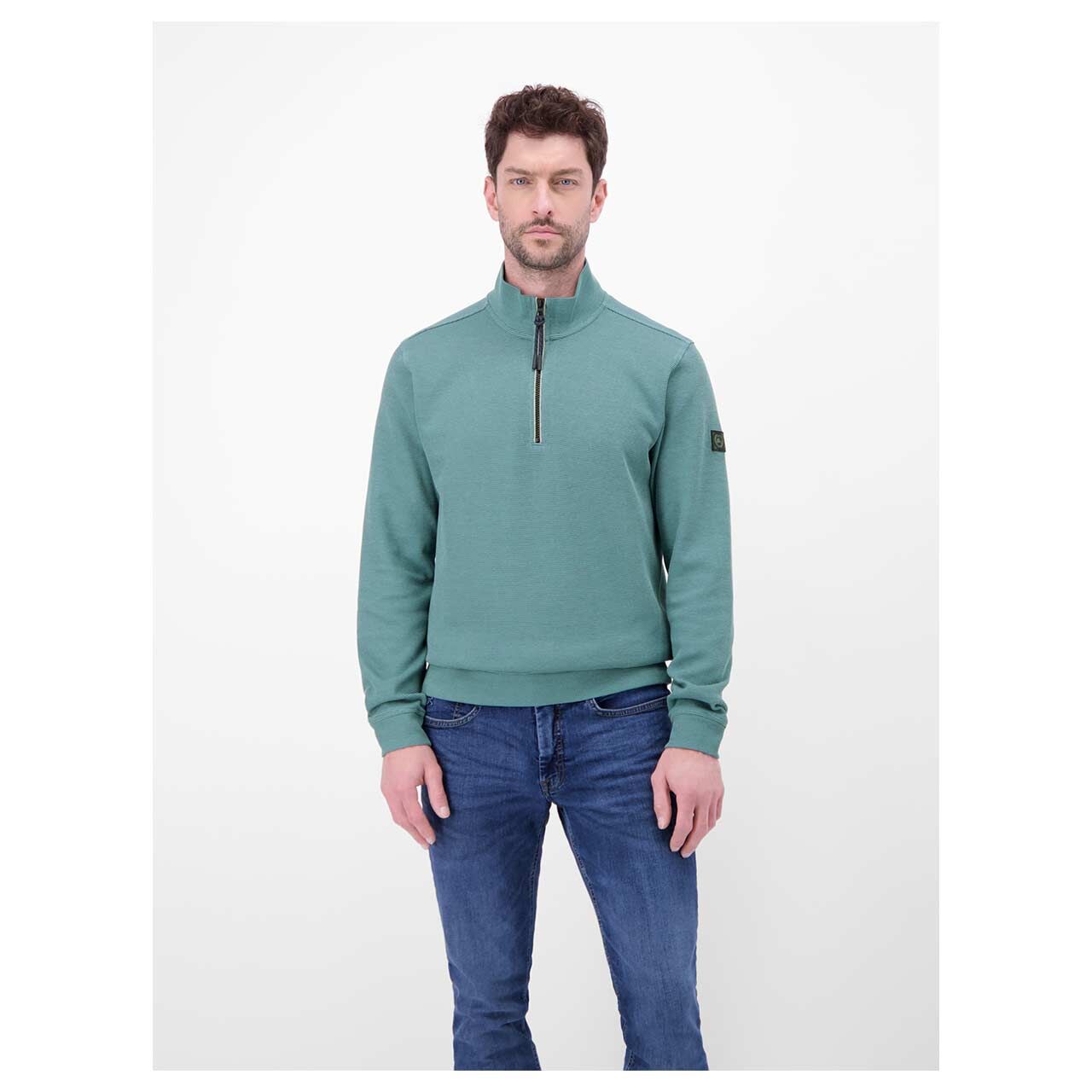 Herren Sweatshirt Troyer von Lerros in Türkis meliert, Vorderansicht am Model