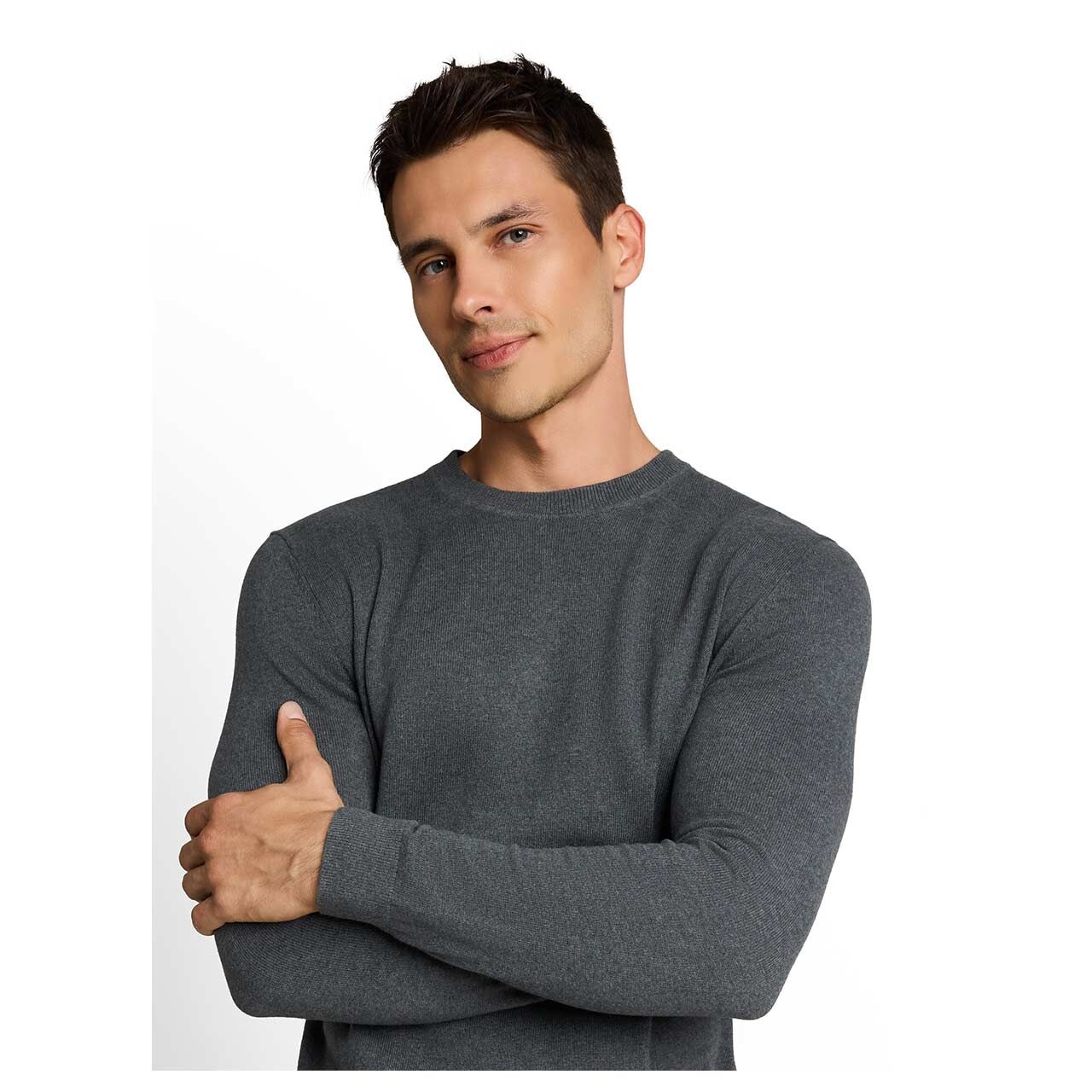 Herren Pullover Cashmere Crewneck Knit von Tom Tailor in Olivgrün meliert, Detailansicht am Model