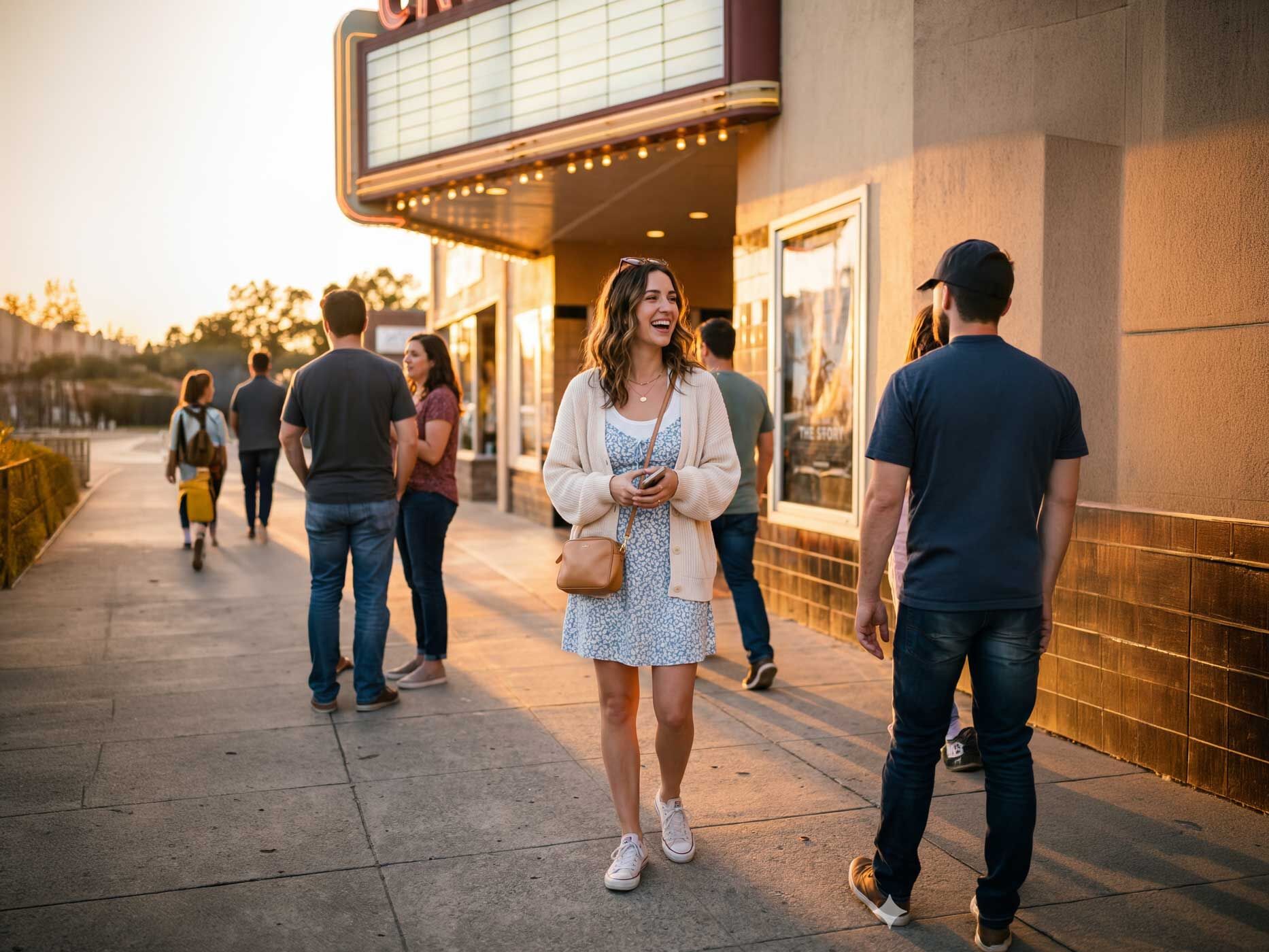 Eine junge Frau steht draußen vor dem Kino in der Sonne, sie trägt ein knielanges Blümchenkleid, darunter ein weißes Top, darüber eine weiße Strickjacke, weiße Sneaker, eine braune Umhängetasche und eine Sonnenbrille.