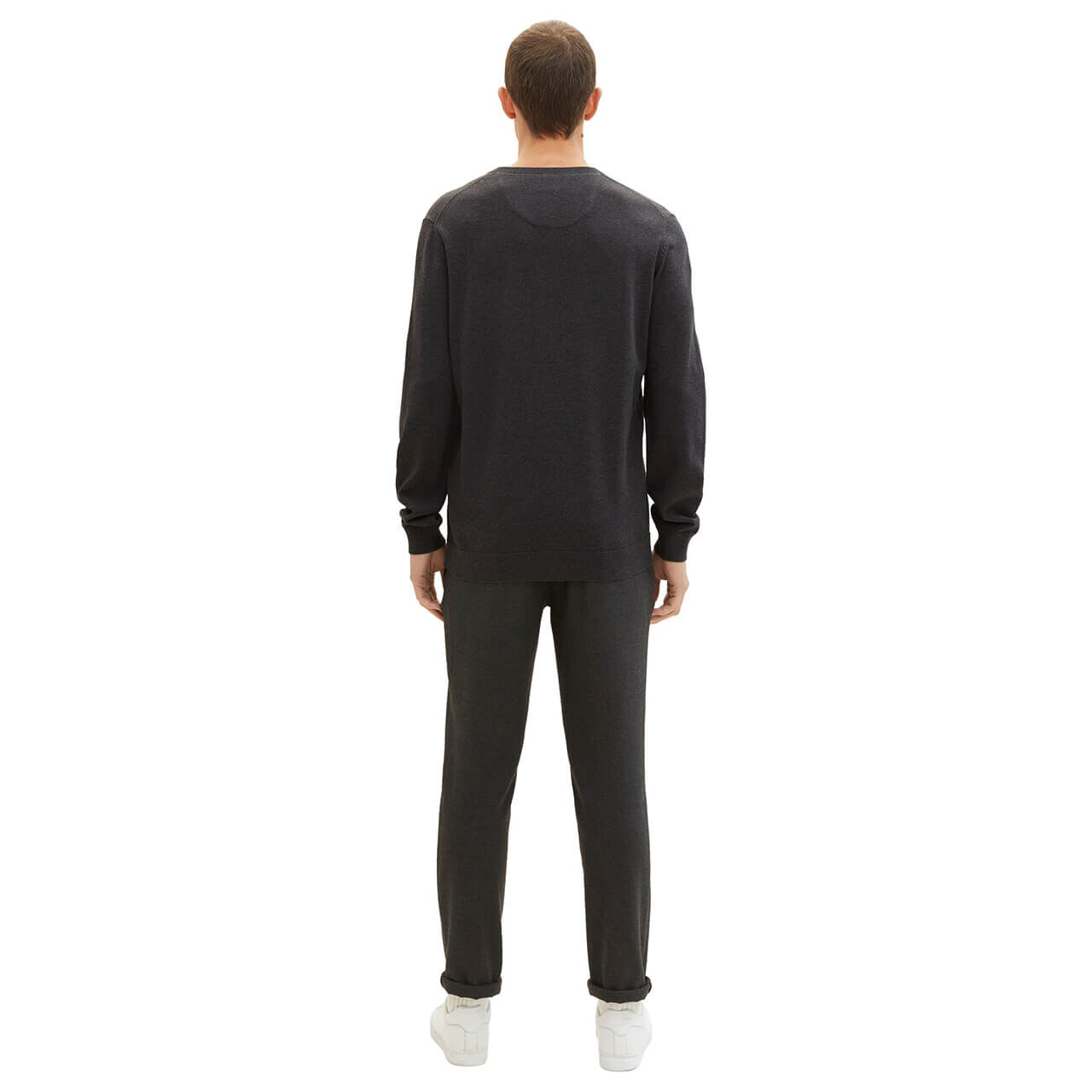 Tom Tailor Herren Pullover Basic V-neck black grey melange compact cotton