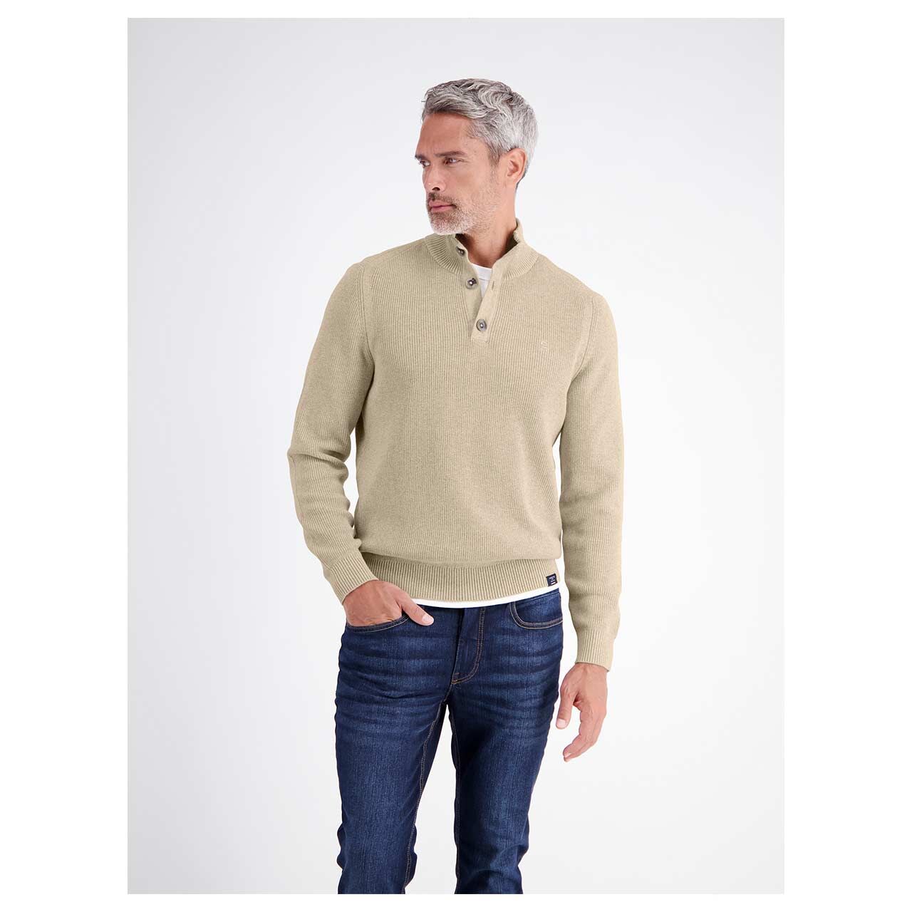 Herren Pullover Troyer von Lerros in Beige meliert, Vorderansicht am Model