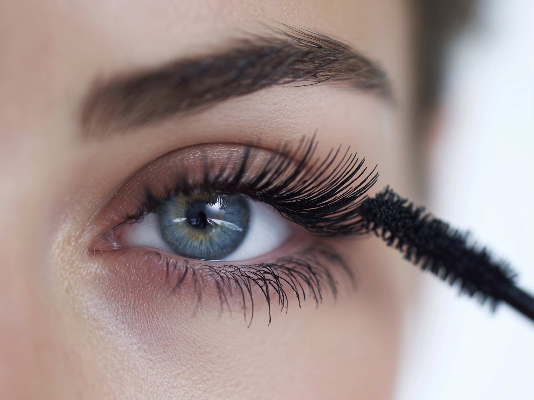 Nahaufnahme von den Wimpern einer Frau, auf die gerade Wimperntusche aufgetragen wird.