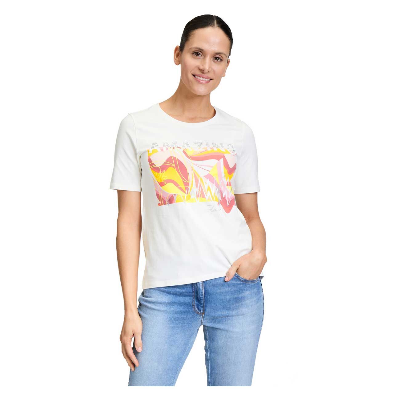 Damen T-Shirt von Betty Barclay in Cremeweiß mit Print, Vorderansicht Oberkörper getragen