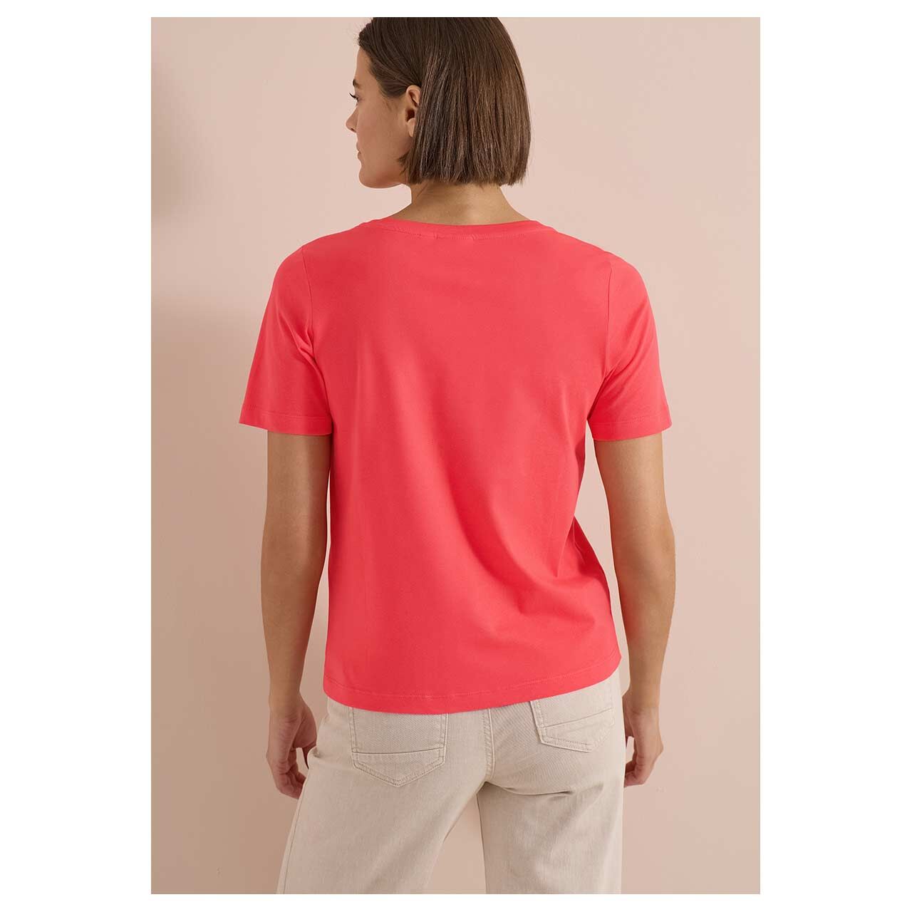Damen T-Shirt Sun Bleached Days von Cecil in Korallenrot mit Print, Rückansicht am Model