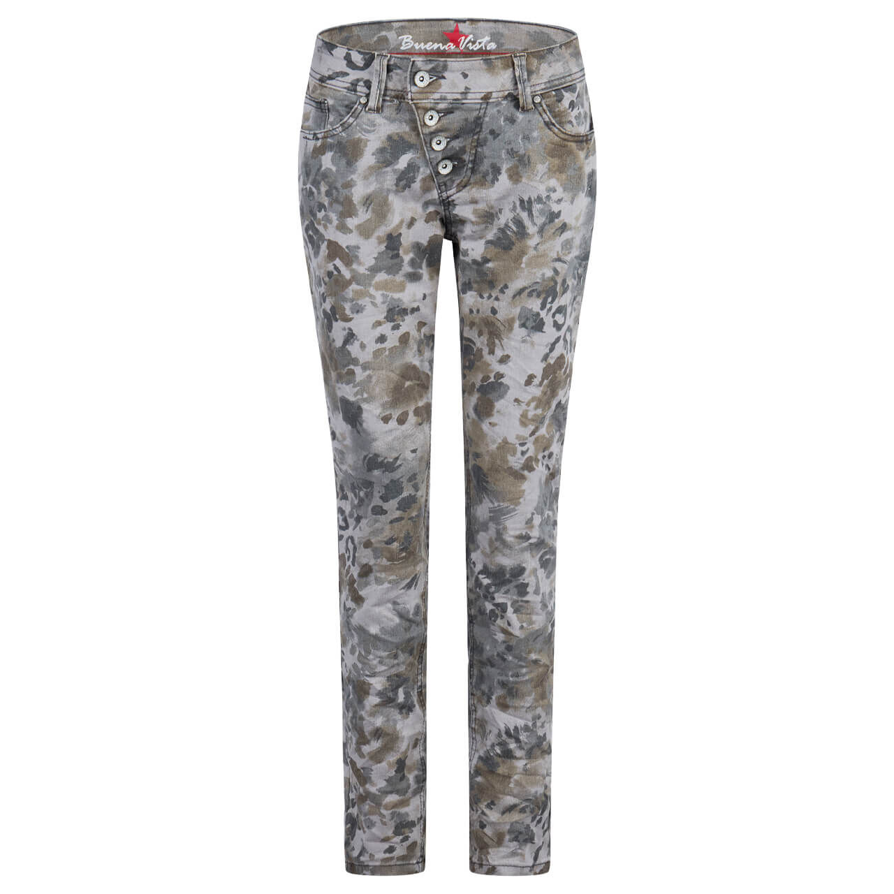 Damen Baumwollhose Malibu Cropped Stretch Twill von Buena Vista in Grau mit Print, Vorderansicht