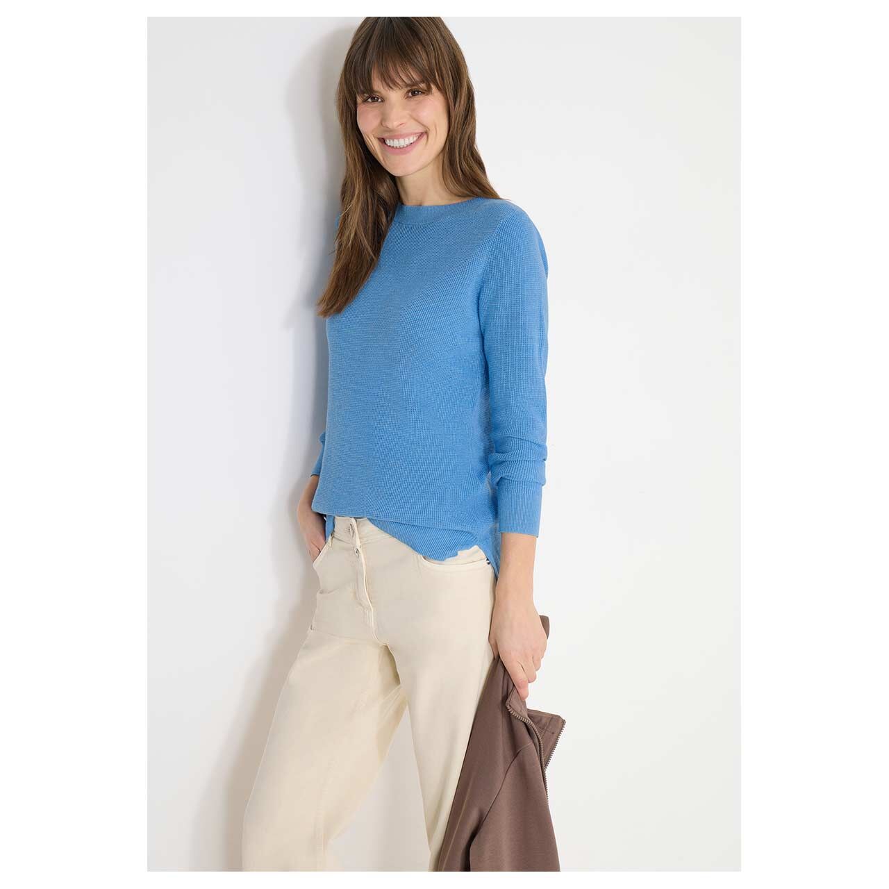 Damen Pullover Structured Boatneck in Blau meliert, Vorderansicht am Model