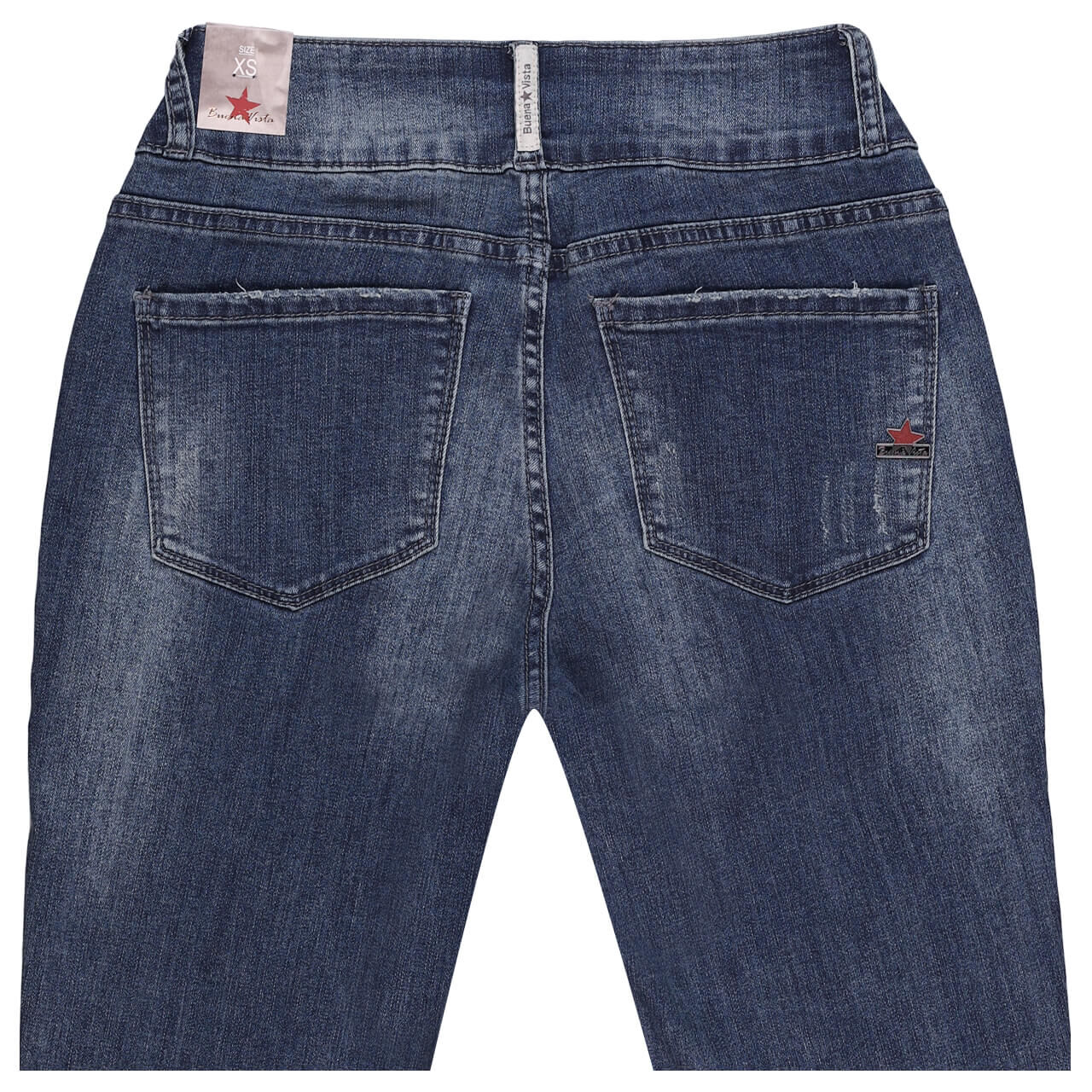 Damenjeans Tummyless Easy Kick Capri Stretch Denim von Buena Vista in Blau angewaschen mit Used-Effekten, detaillierte Rückansicht
