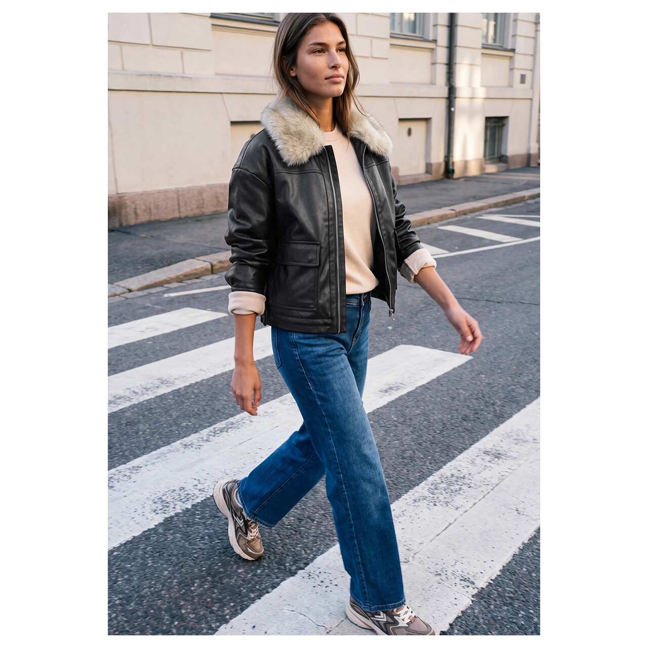 Damen Jacke Fake Leather von Street One Studio in Schwarz, Ganzkörperansicht am Model Vorne