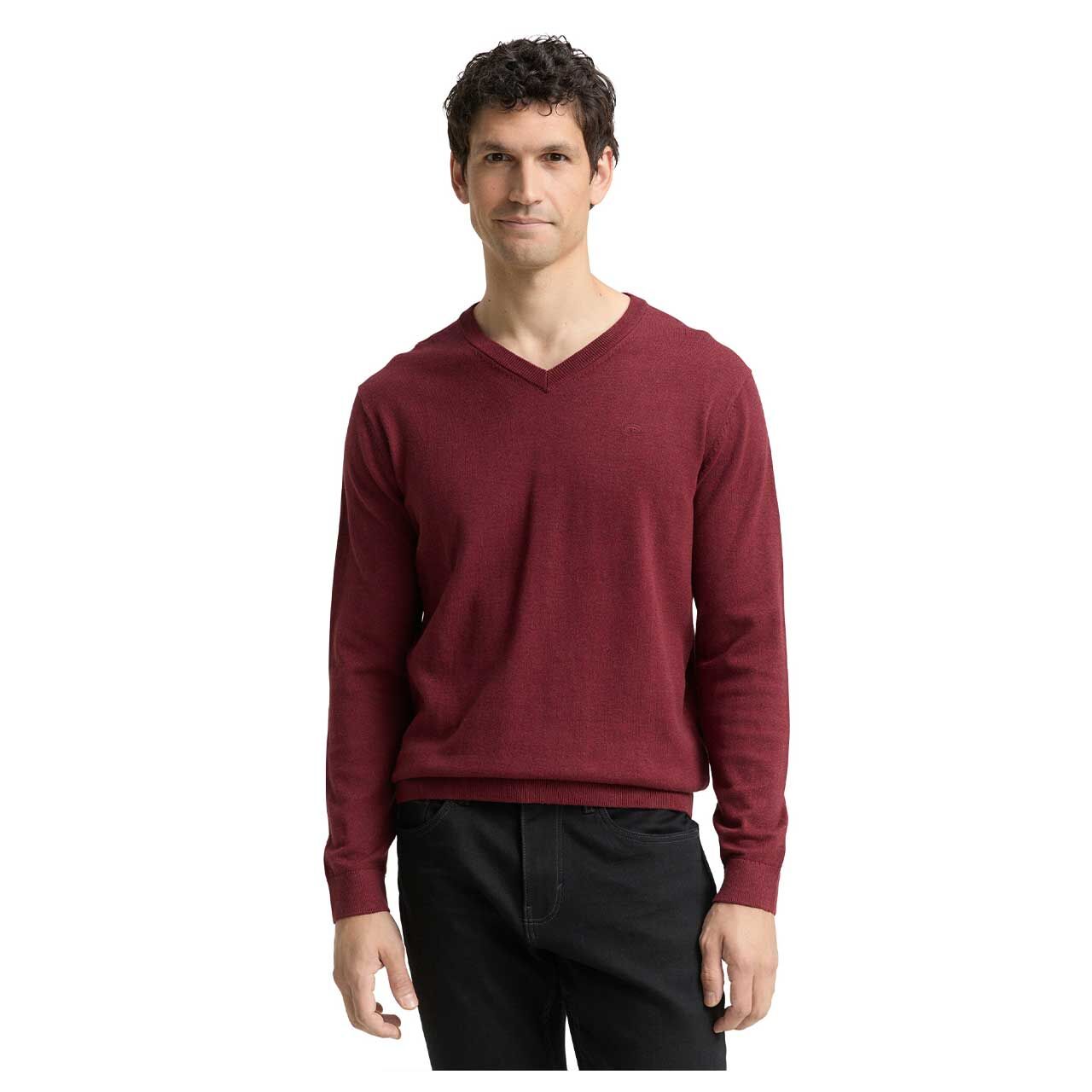 Herren Pullover Basic V-neck Knit von Tom Tailor in Weinrot meliert, Vorderansicht am Model