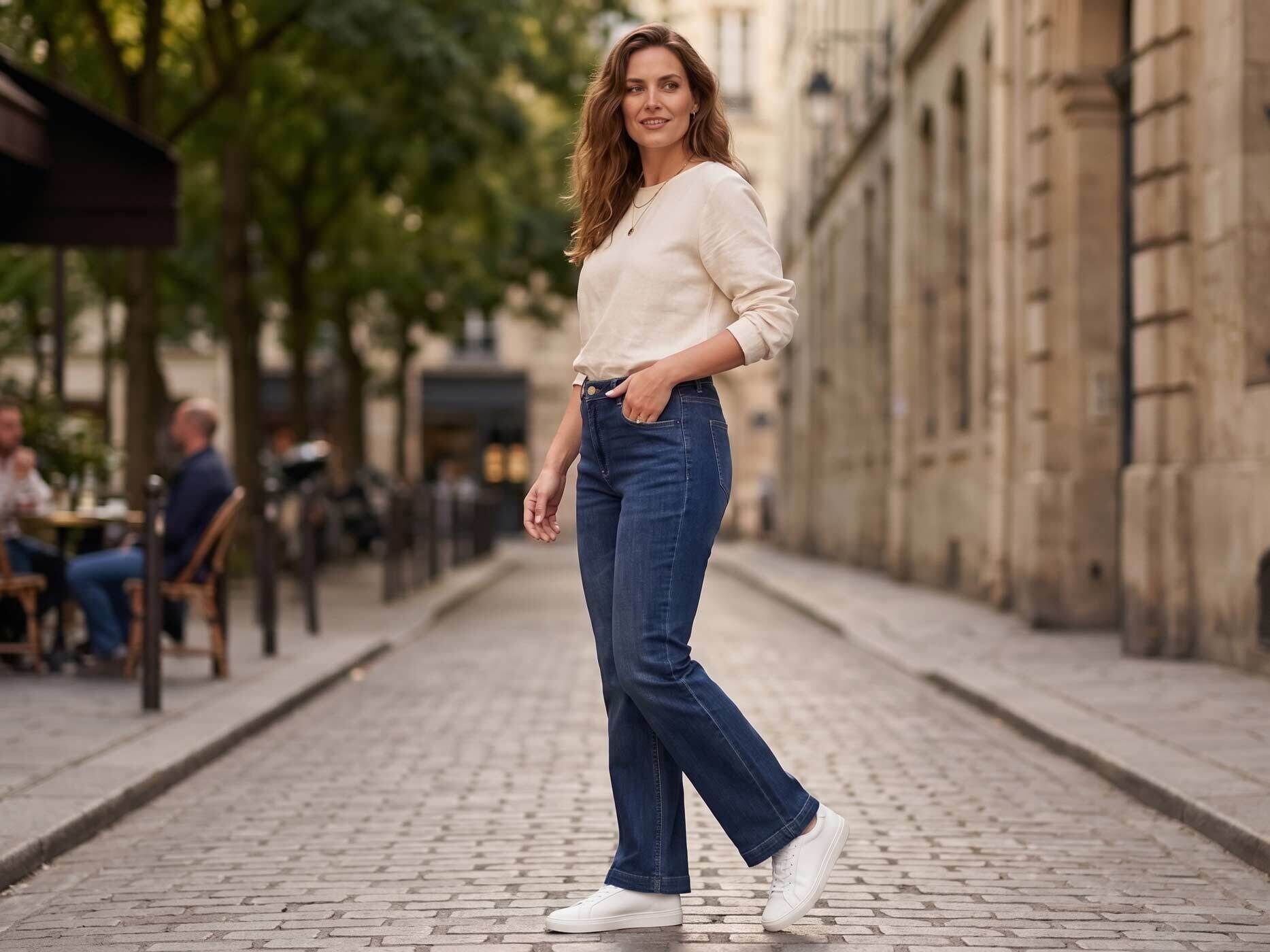 Eine Frau trägt eine dunkelblaue Jeans kombiniert mit einem beigen Oberteil und weißen Schuhen.