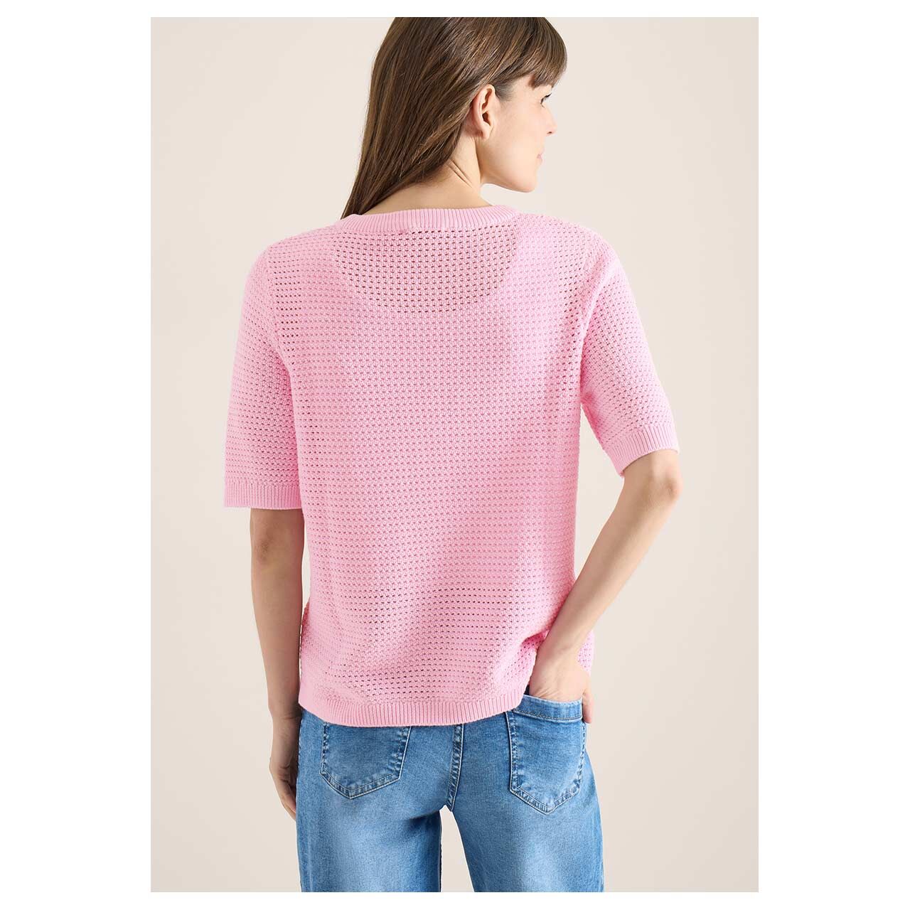 Damen Kurzarm Pullover Structured Roundneck von Cecil in Rosa, Rückansicht am Model