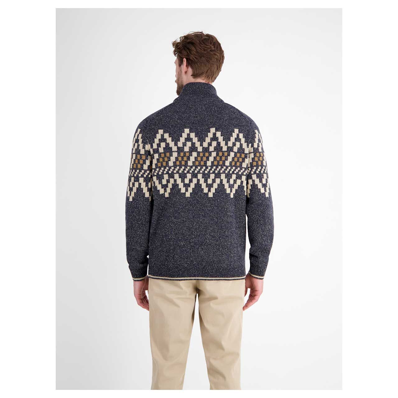 Herren Pullover Troyer von Lerros in Dunkelblau meliert mit Print, Rückansicht am Model