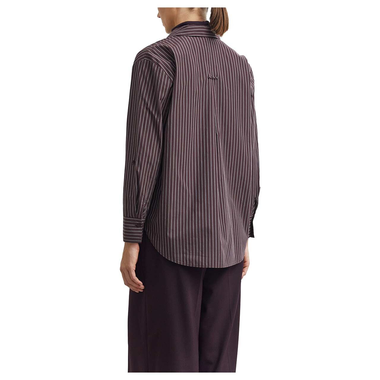 Damen Langarm Bluse von Comma in Lila gestreift, Rückansicht am Model